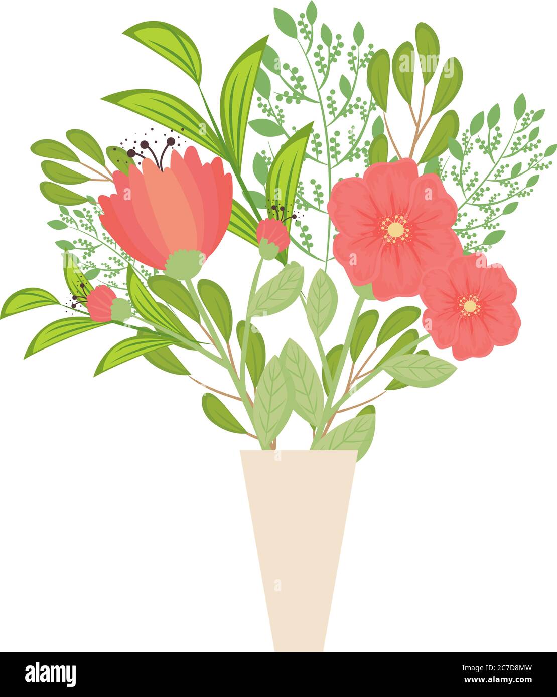 red flowers with leaves inside vase vector design Stock Vector Image ...