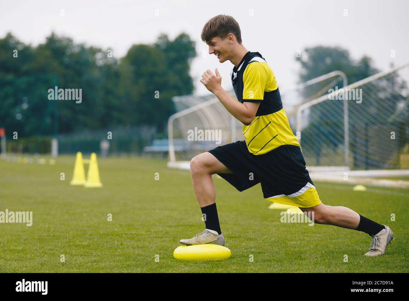 Stability Soccer Training on Balance Cushion. Sports Balance Training. Young Soccer Player Improving Skills. Player Training on the Field. Grass Footb Stock Photo