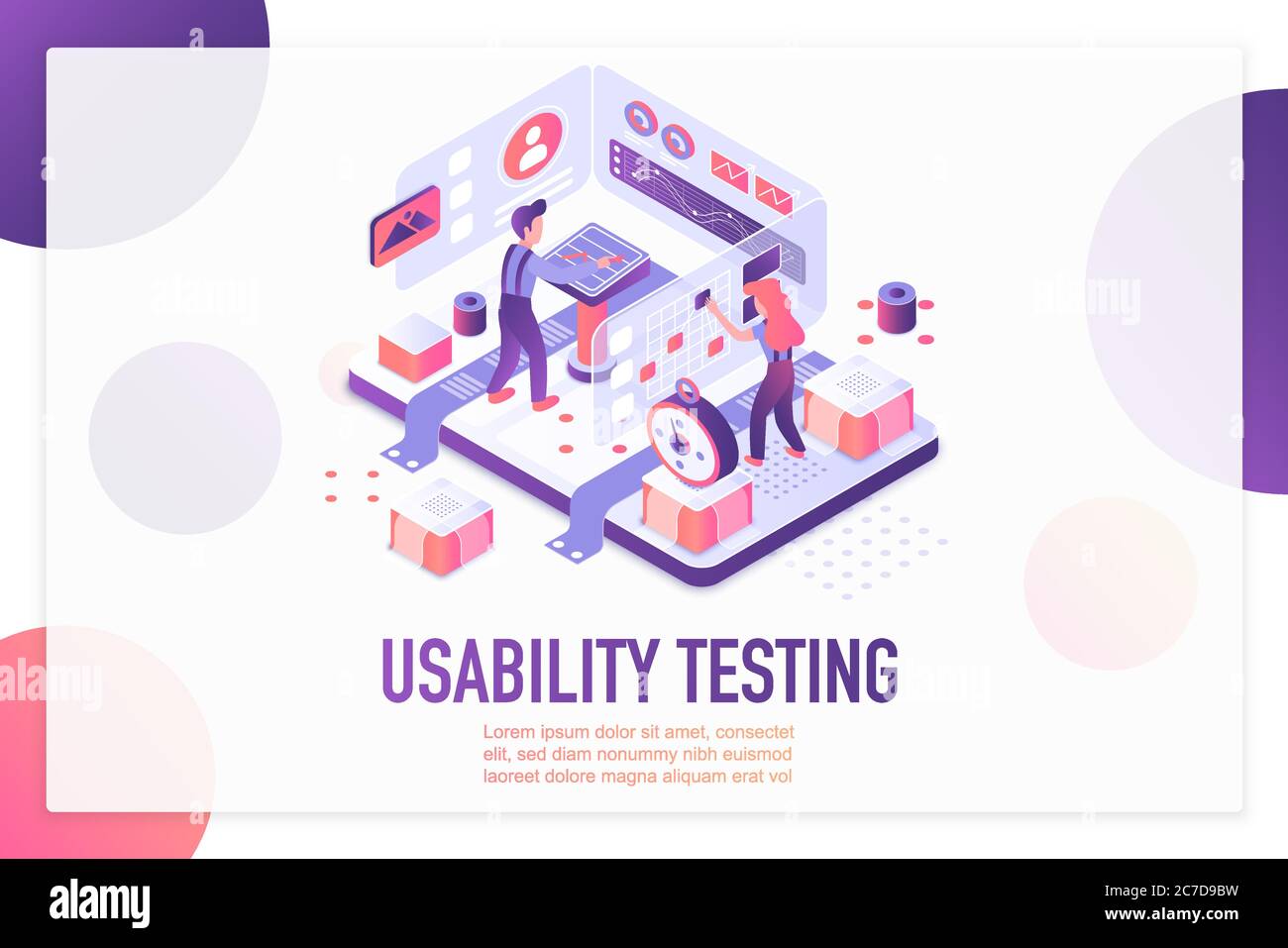 Usability testing isometric landing page vector template. Website optimization and customization services webpage design layout. User experience, UI, UX. App, software development 3d concept Stock Vector