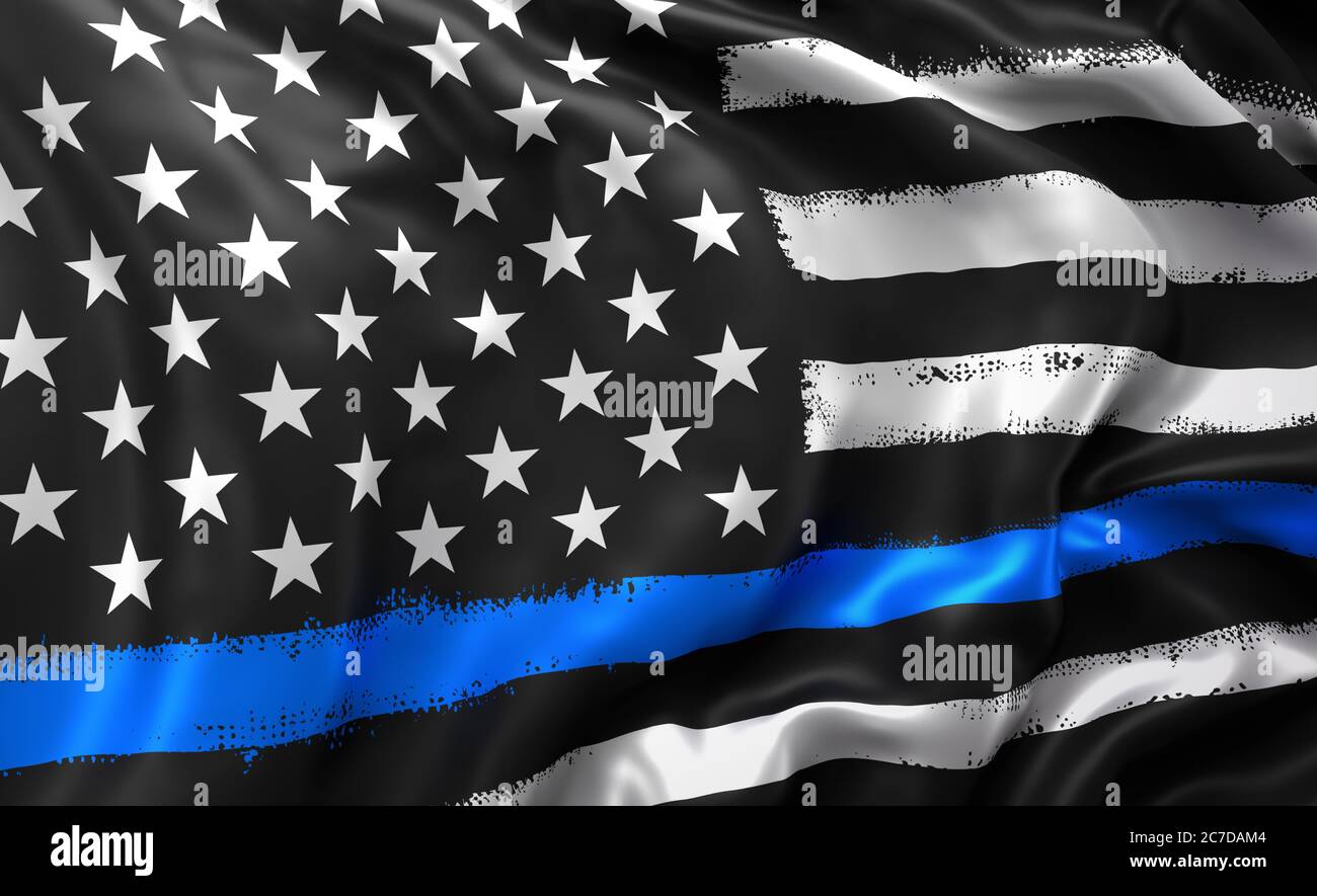 Black lives matter flag, with a blue line, blowing in the wind. Full page striped black and white USA flying flag. 3D illustration. Stock Photo