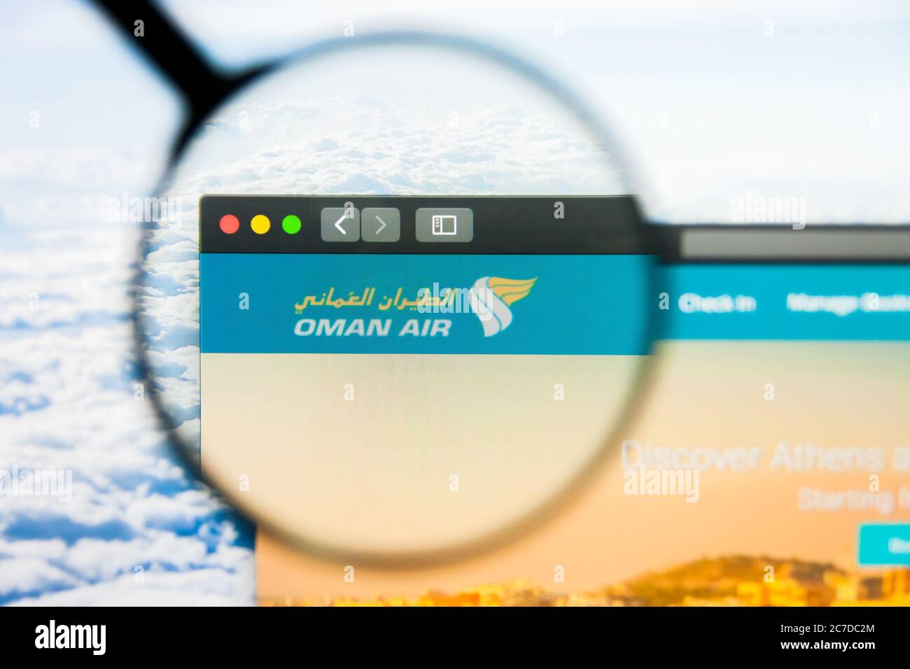 Los Angeles, California, USA - 21 March 2019: Illustrative Editorial of Oman Air website homepage. Oman Air logo visible on display screen. Stock Photo