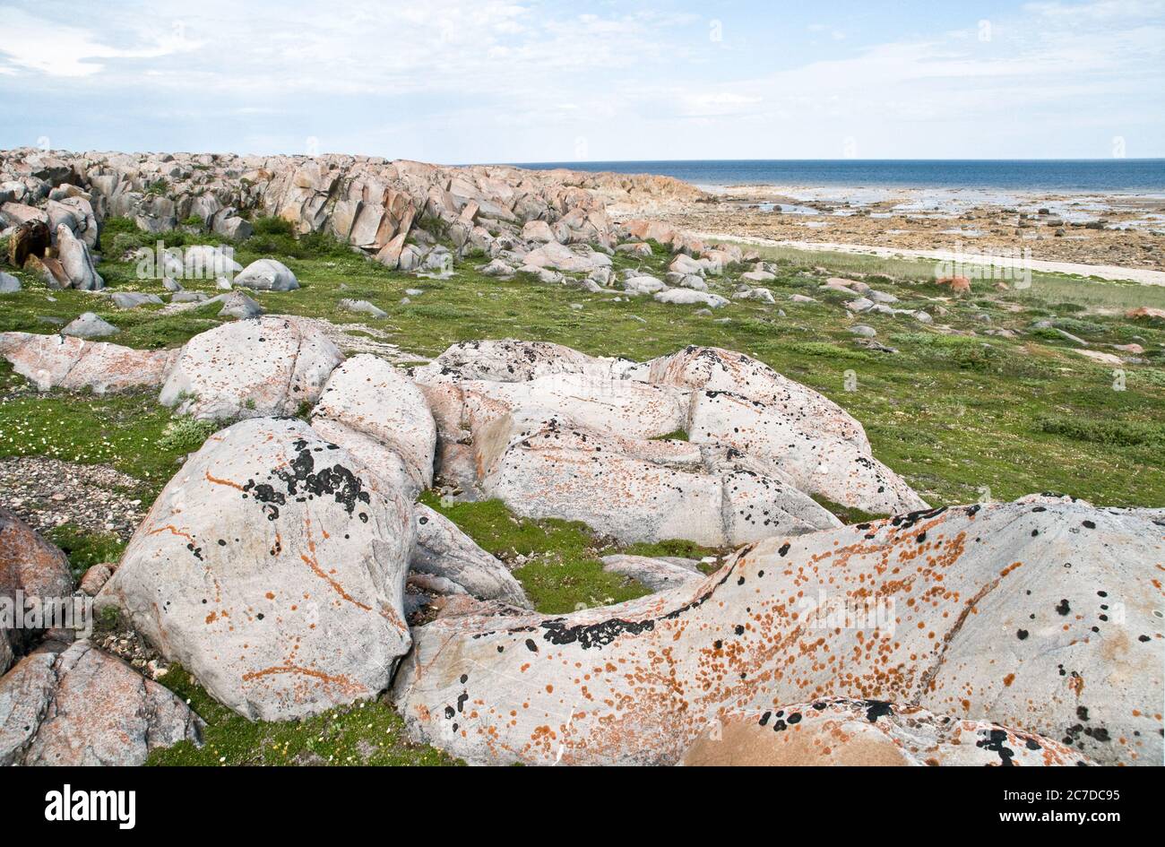 A rocky outcrop on the west coast of Hudson Bay at low tide in the Arctic Ocean, in Canadian Shield terrain, near Churchill, Manitoba, Canada. Stock Photo