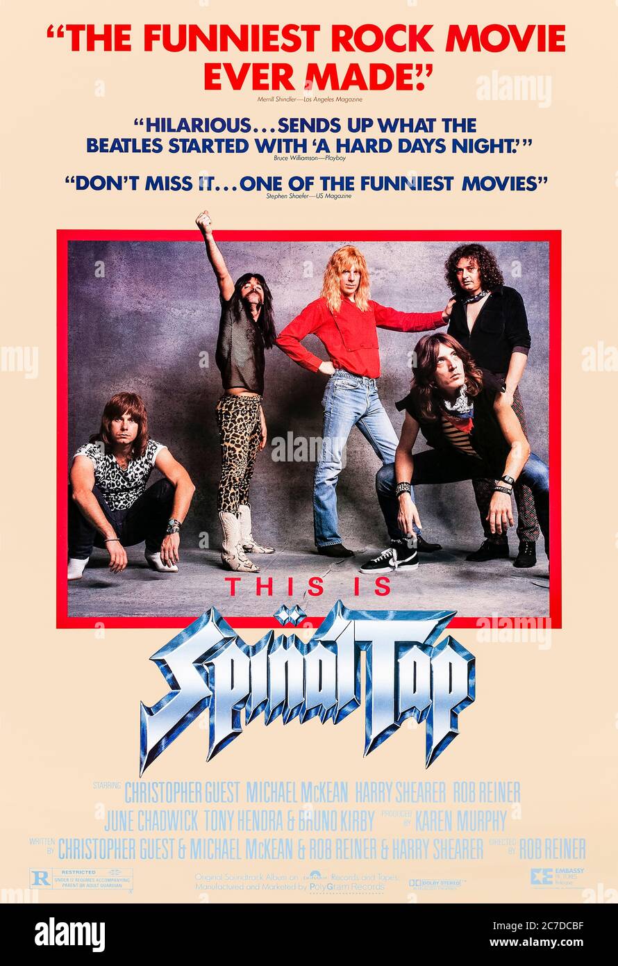 This Is Spinal Tap (1984) directed by Rob Reiner and starring Rob Reiner, Michael McKean, Christopher Guest and Harry Shearer. Marty DiBergi's cult documentary about the legendary English heavy metal band Spinal Tap during their American tour. Stock Photo