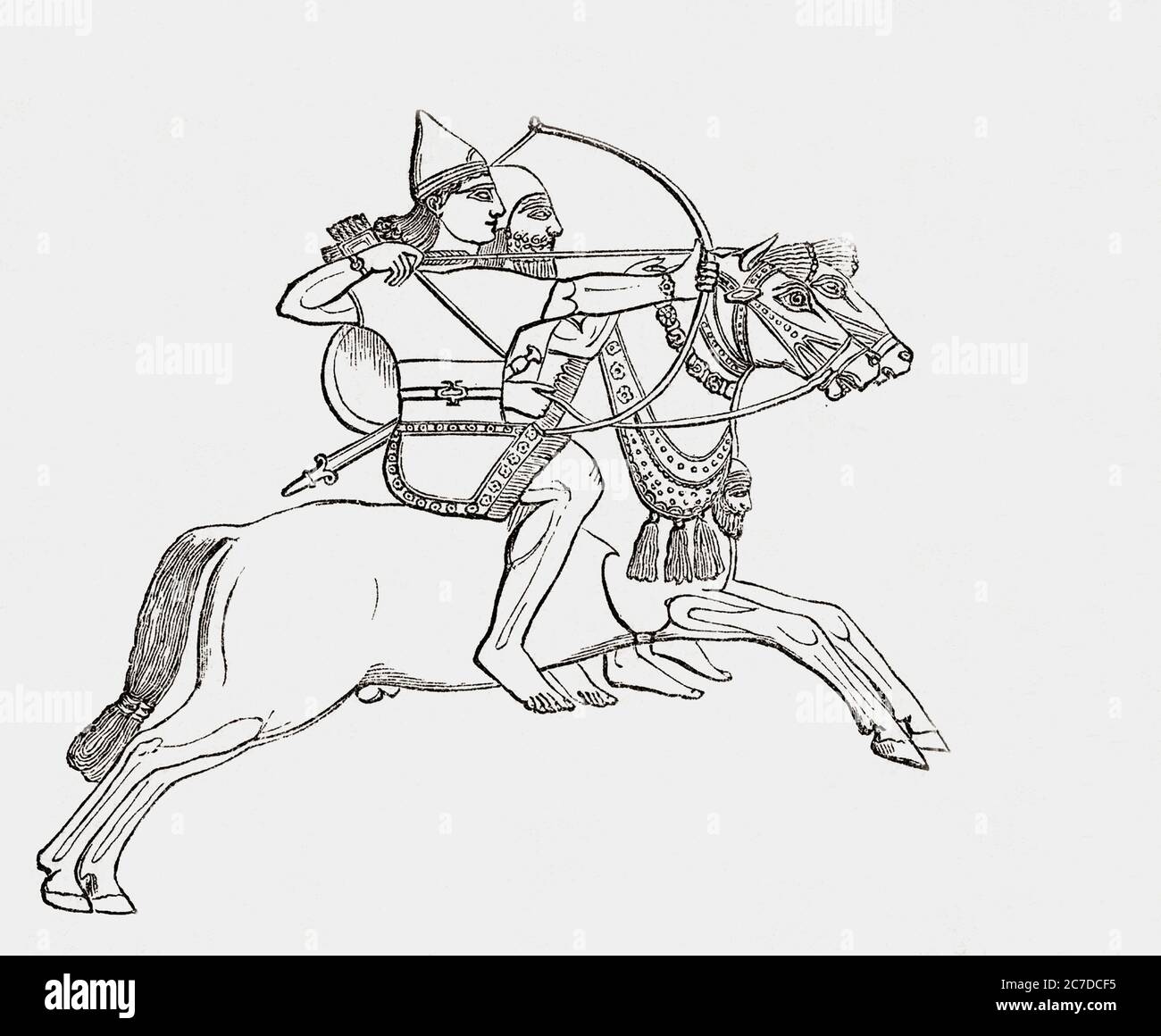 Assyrian archers on horseback.  After an illustration by an unidentified 19th century artist from a bas relief in Nimrud. Stock Photo