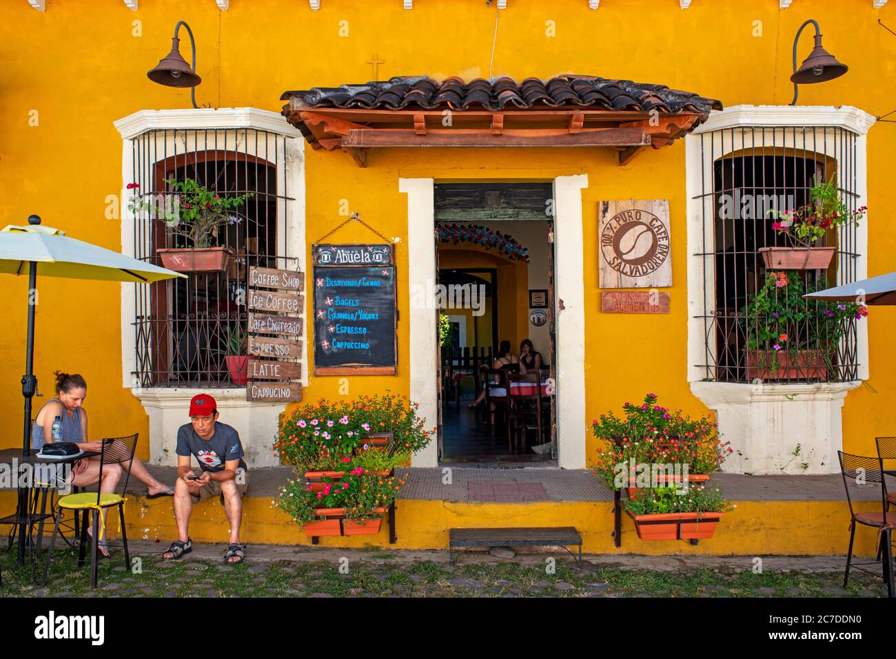 Casa de la abuela restaurant and Colorful architecture of Suchitoto. Suchitoto, Cuscatlan, El Salvador Central America Stock Photo