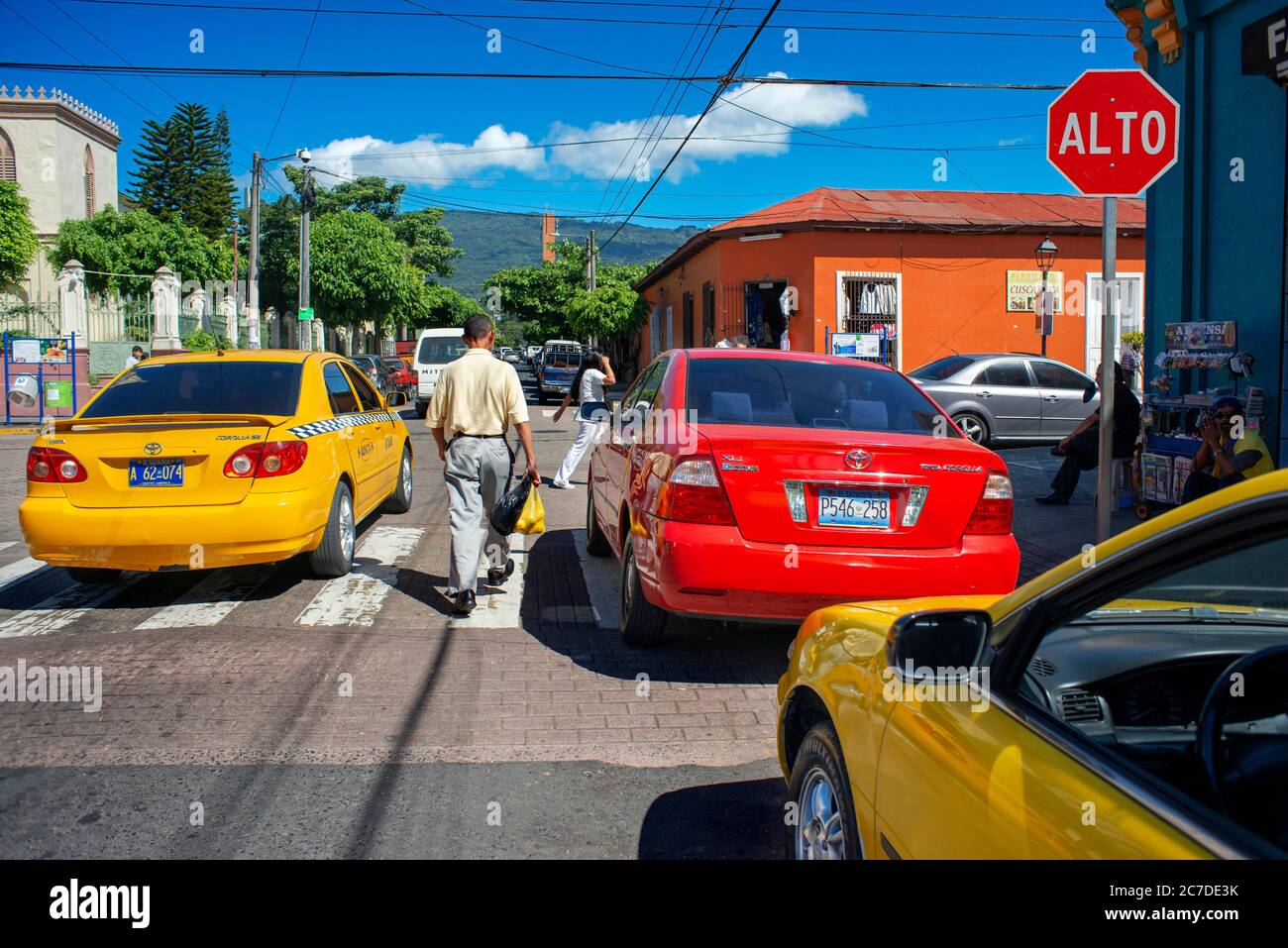 San Salvador city center. Taxis in the street in Santa Tecla neighborhood. El Salvador, Central America. Stock Photo