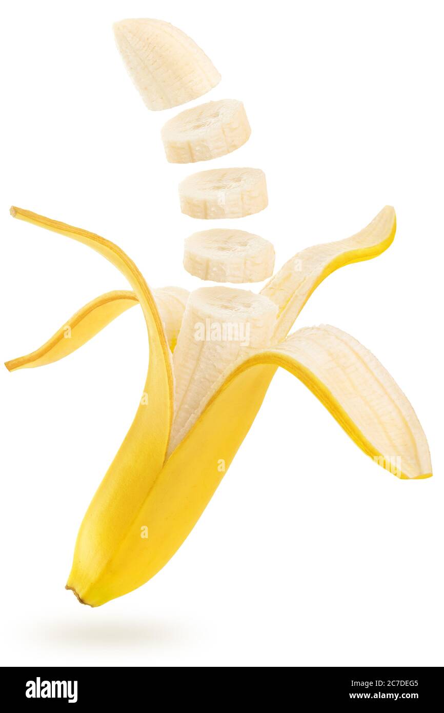 open and sliced banana floating isolated on white background Stock Photo