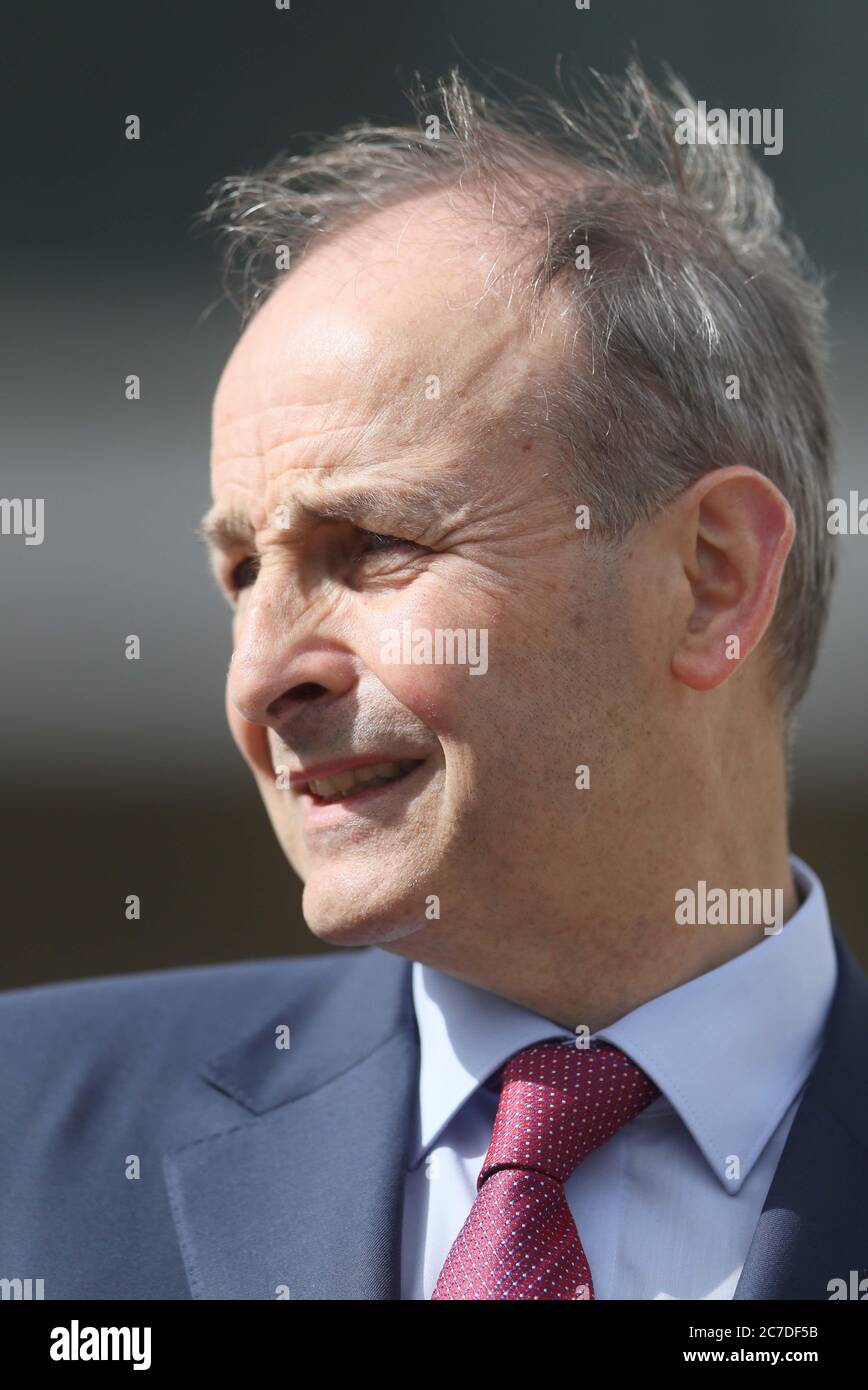 An Taoiseach Micheal Martin talks to the media outside the Stormont Hotel, Belfast, following meeting with representatives of Northern Ireland political parties. Stock Photo