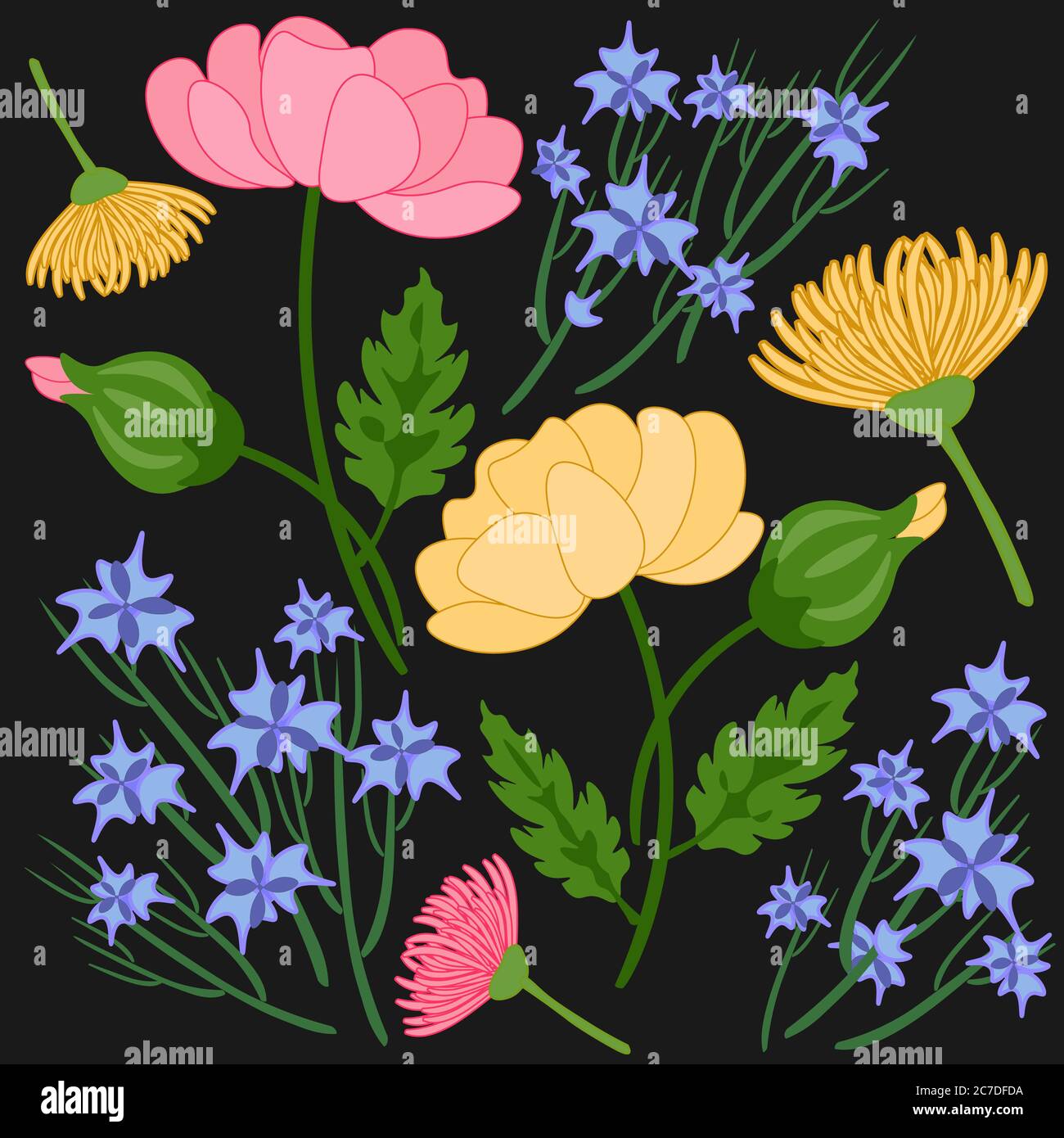 floral pattern on a black background seamless Stock Photo - Alamy