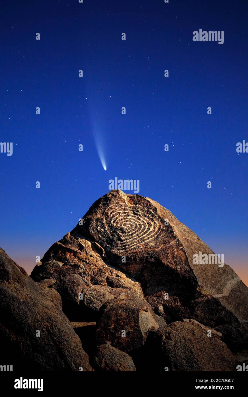 Signal Hill Spiral Petroglyph & Comet Neowise (Composite Image) Stock Photo