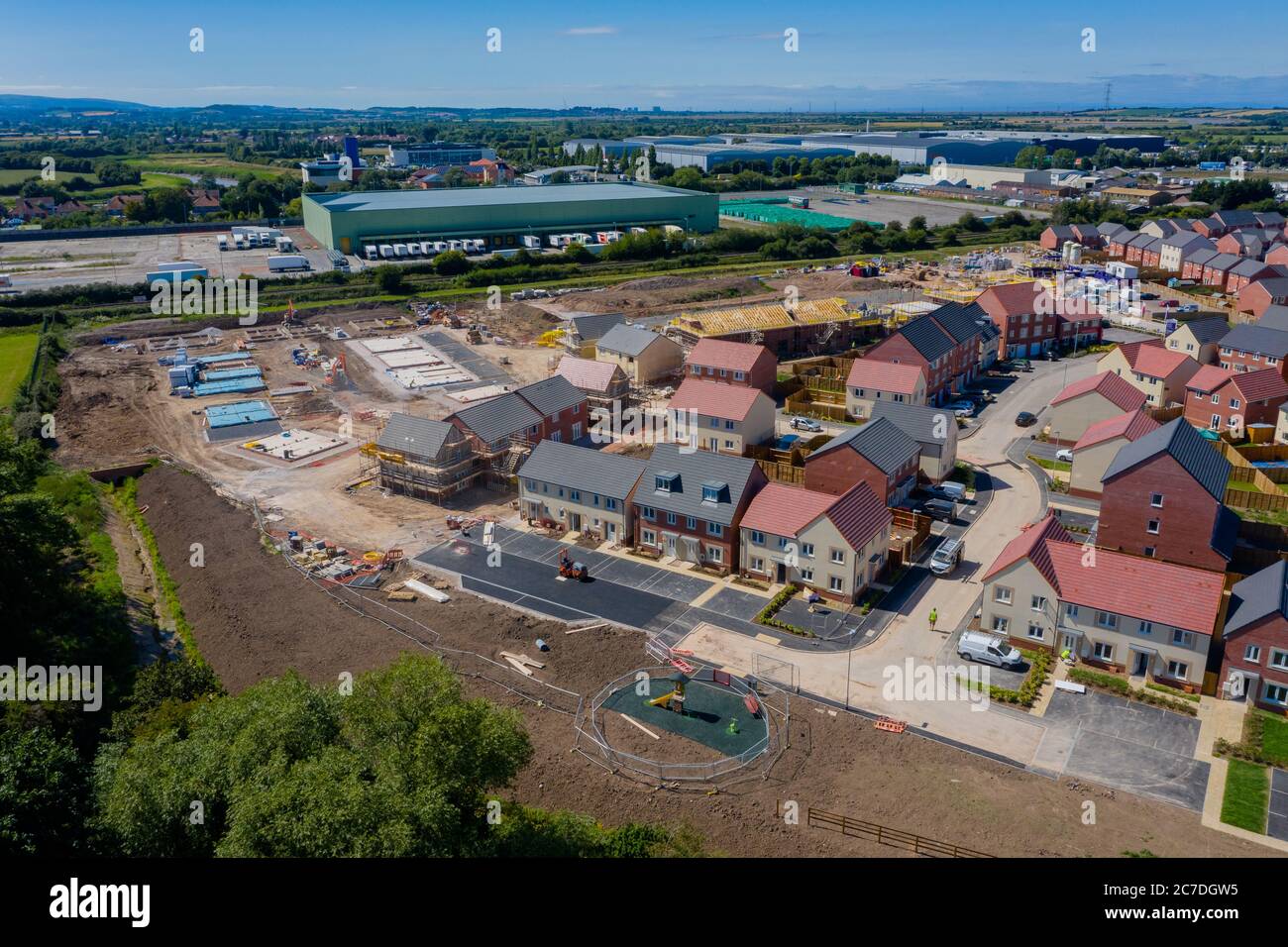 Aerial view of new houses being built / constructed by Taylet wimpy in Bridgwater, Somerset UK. Stock Photo