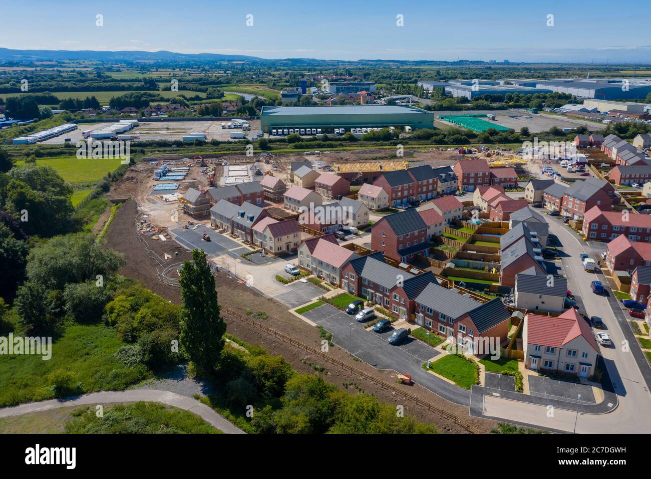 Aerial view of new houses being built / constructed by Taylet wimpy in Bridgwater, Somerset UK. Stock Photo