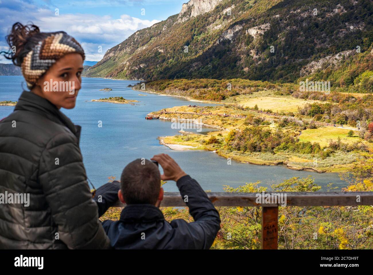 Lookout and Trail of Island hike, Paseo de la isla along Lapataia River in Tierra del Fuego National Park, Patagonia, Argentina Stock Photo
