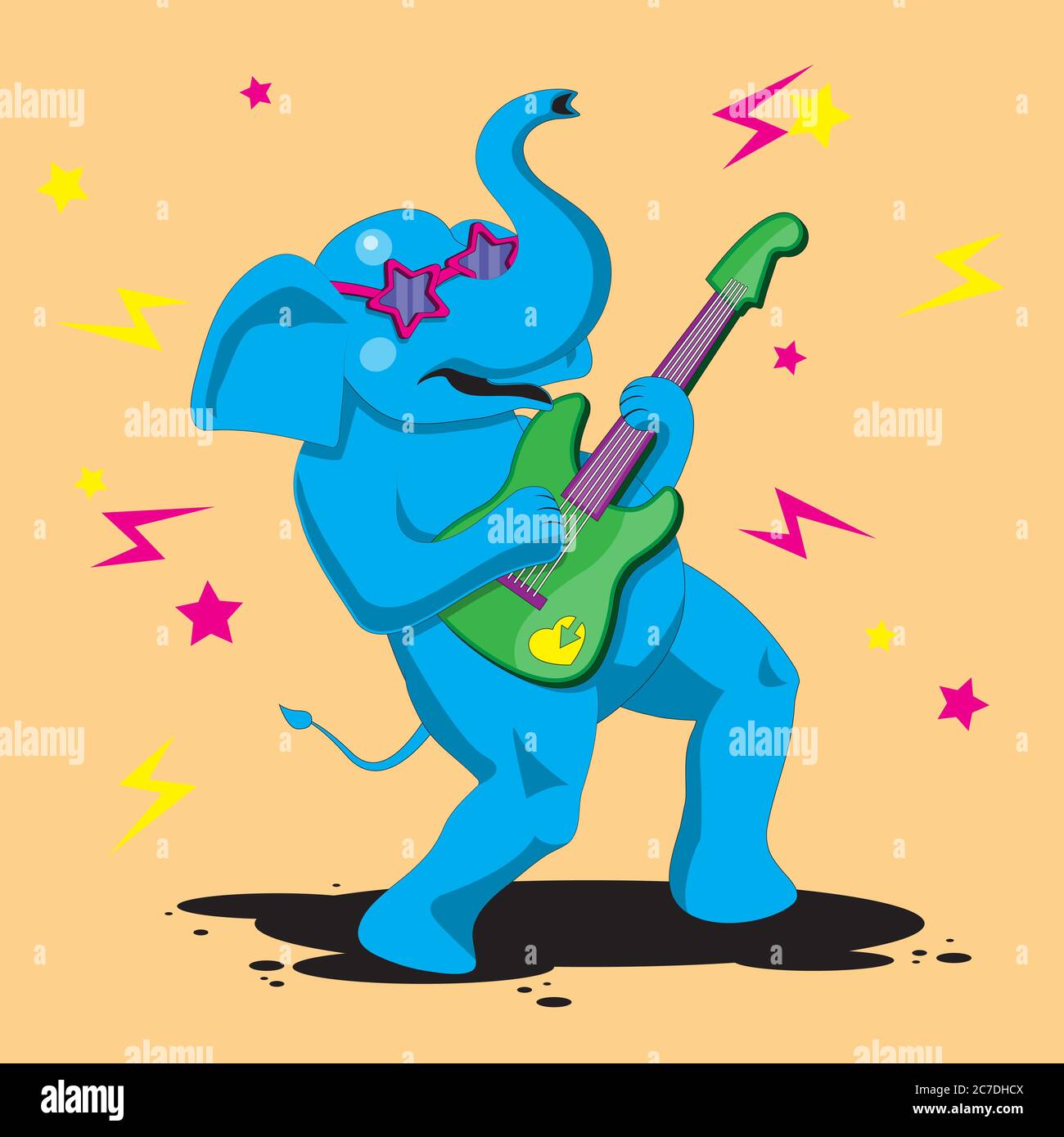 an elephant character plays a guitar on an orange isolated background. Vector image Stock Vector