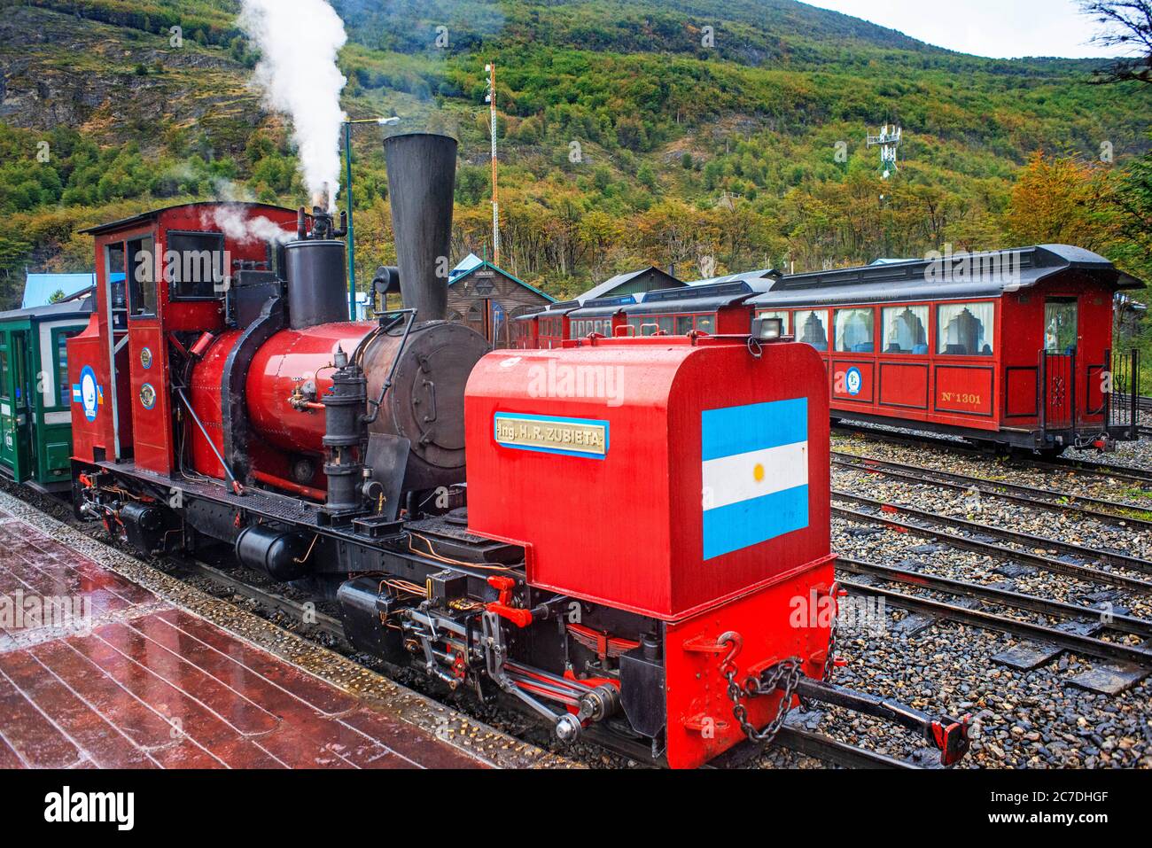End of World Steam train FCAF Ferrocarril Austral Fueguino at National park Tierra del Fuego, Ushuaia, Argentina. This is southernmost railway in the Stock Photo