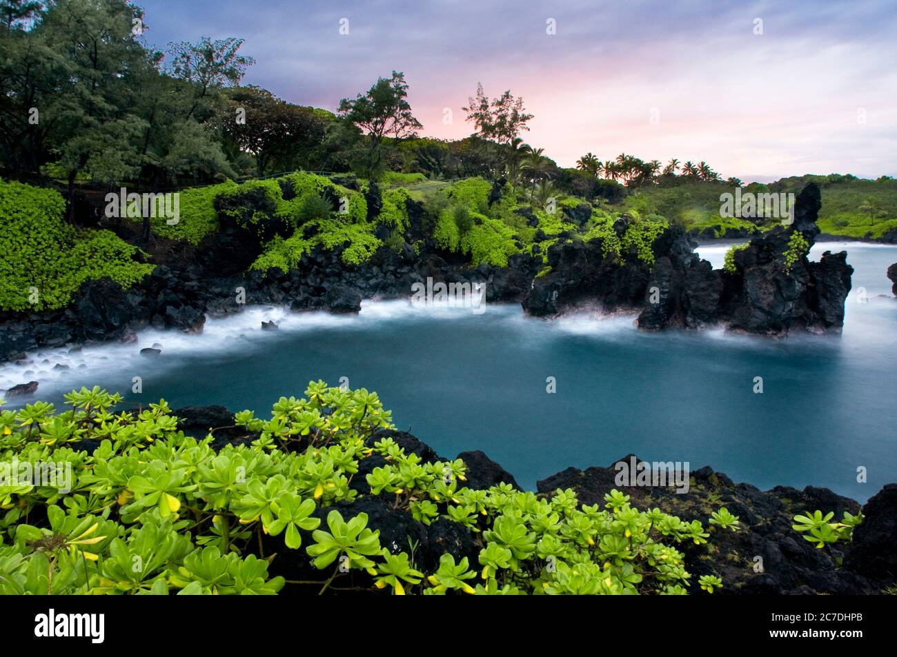 Wai'anapanapa State Park. A leafy location with sea caves and volcanic cliffs. Hana Highway. Maui. Hawaii. This is a great stop in the Road to Hana. B Stock Photo