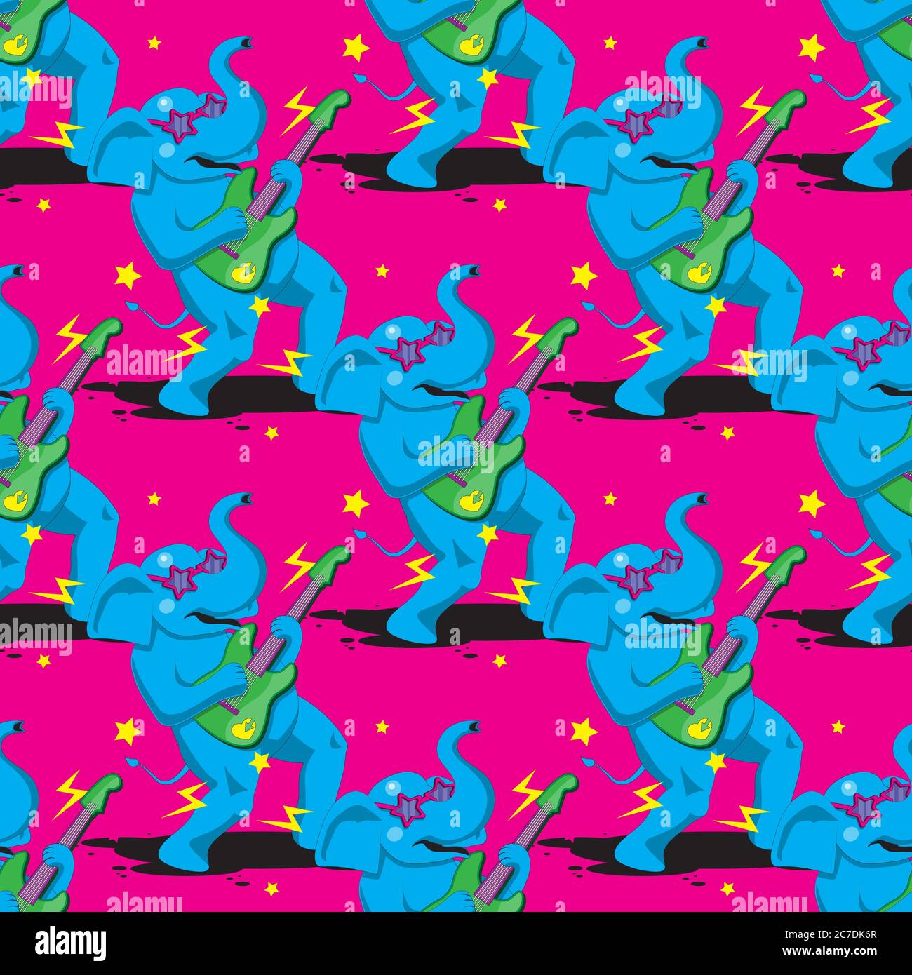 seamless pattern of an elephant playing a guitar on a pink background. Vector image Stock Vector