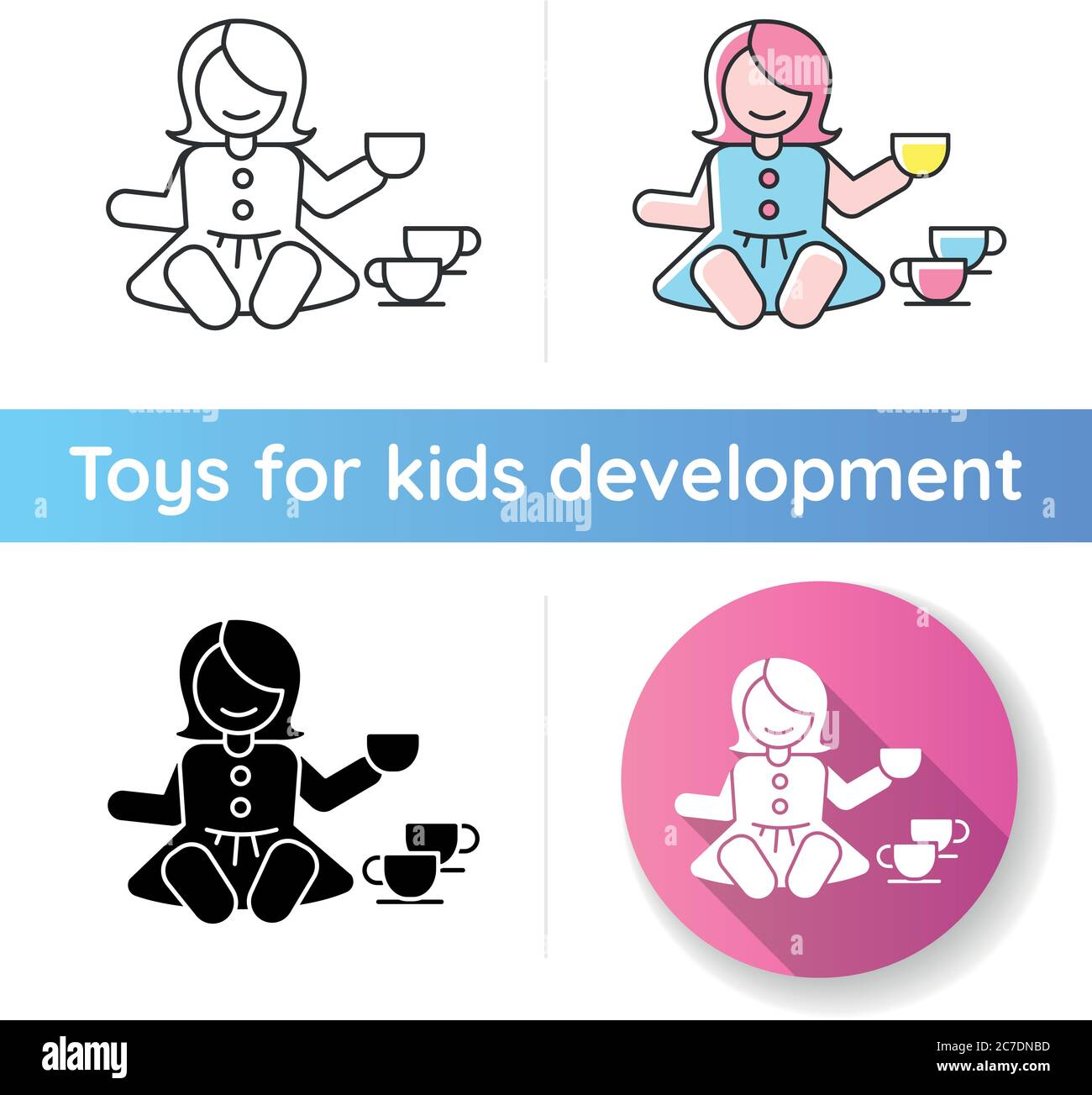 Pretend kitchenware icon. Baby doll with tea set. Toys for playing pretend game with children. Social skills development. Linear black and RGB color s Stock Vector