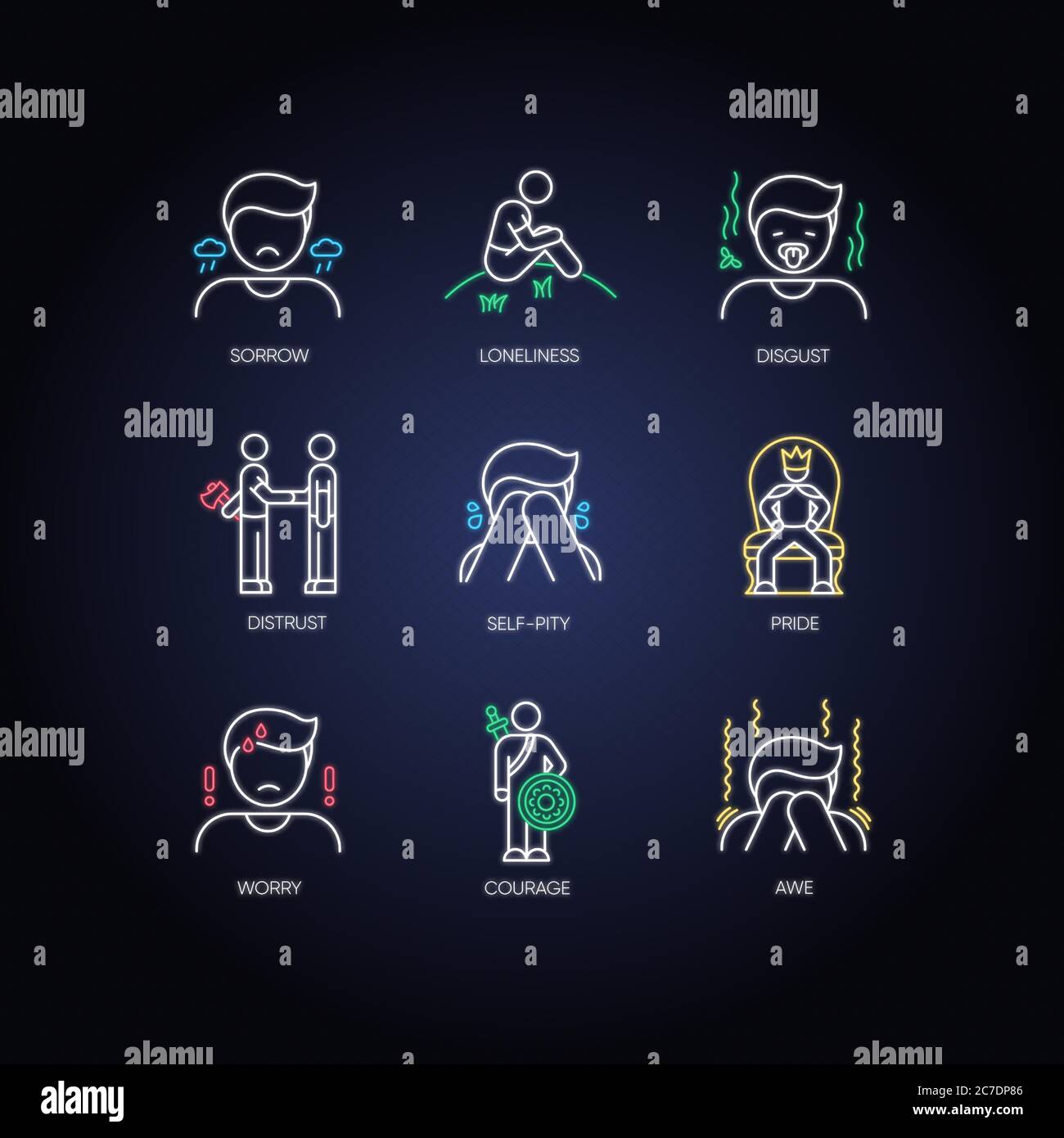 Negative feelings neon light icons set. Emotions, psychological states