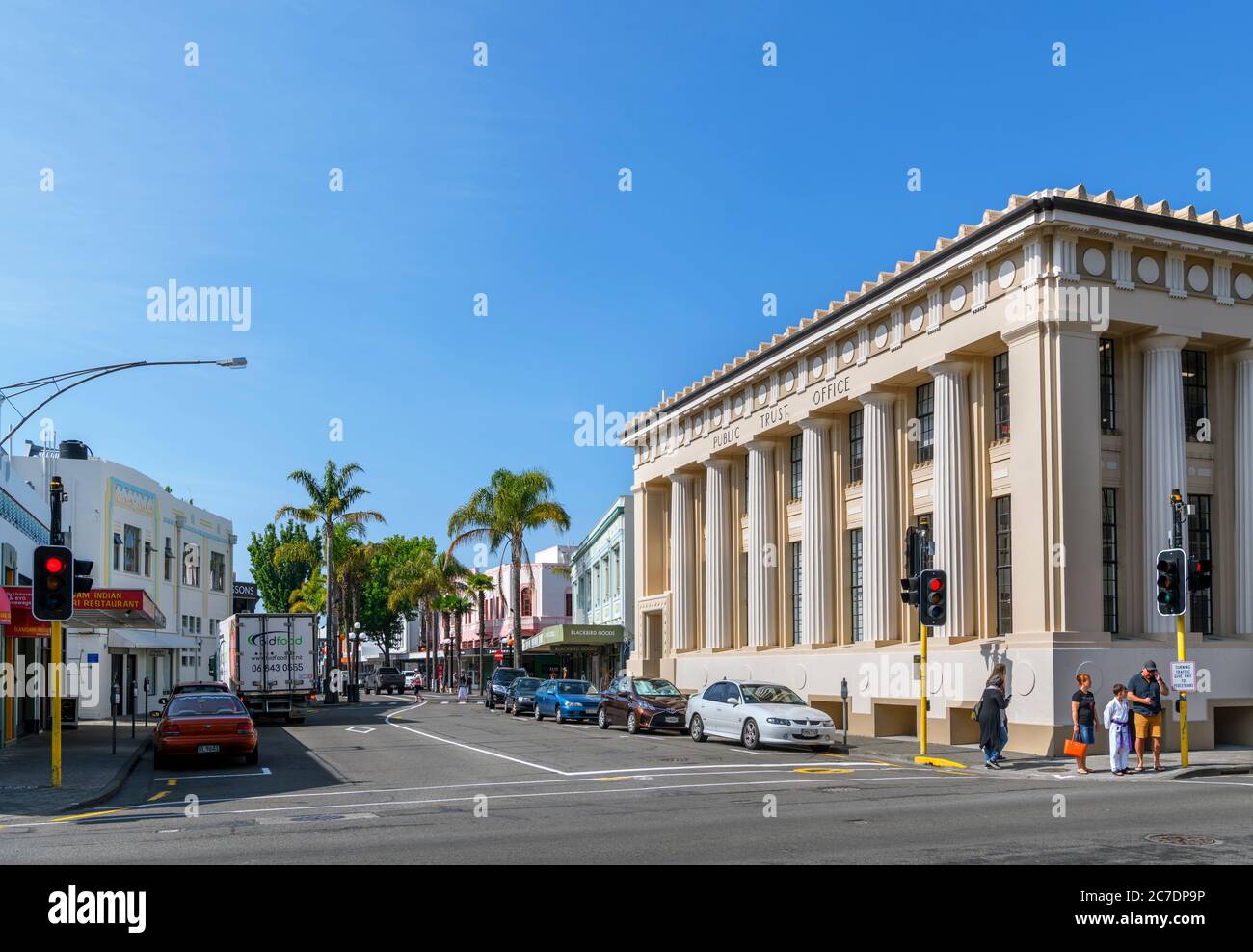 Public Trust Office building on Dalton Street in the art deco district of downtown Napier, North Island, New Zealand Stock Photo