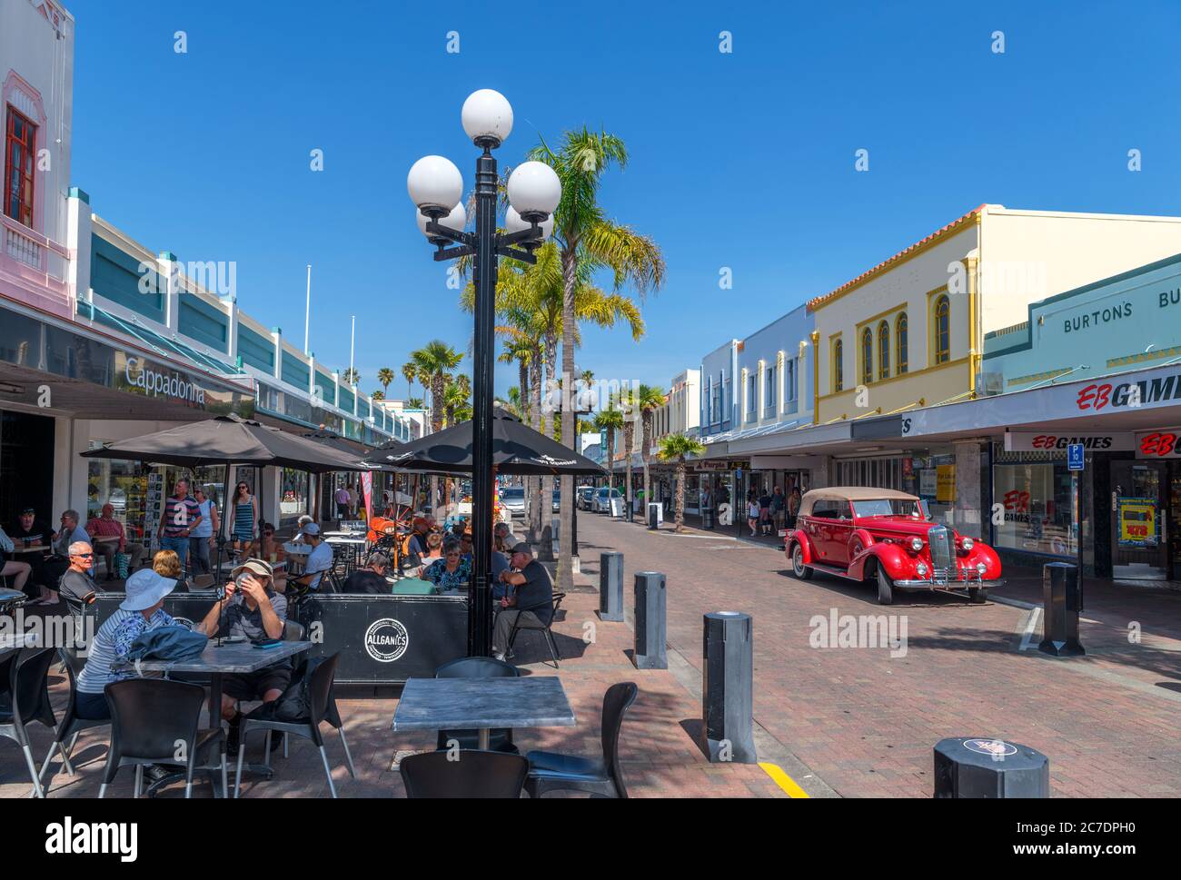 Cafes and shops on Emerson Street in the art deco district of downtown Napier, North Island, New Zealand Stock Photo