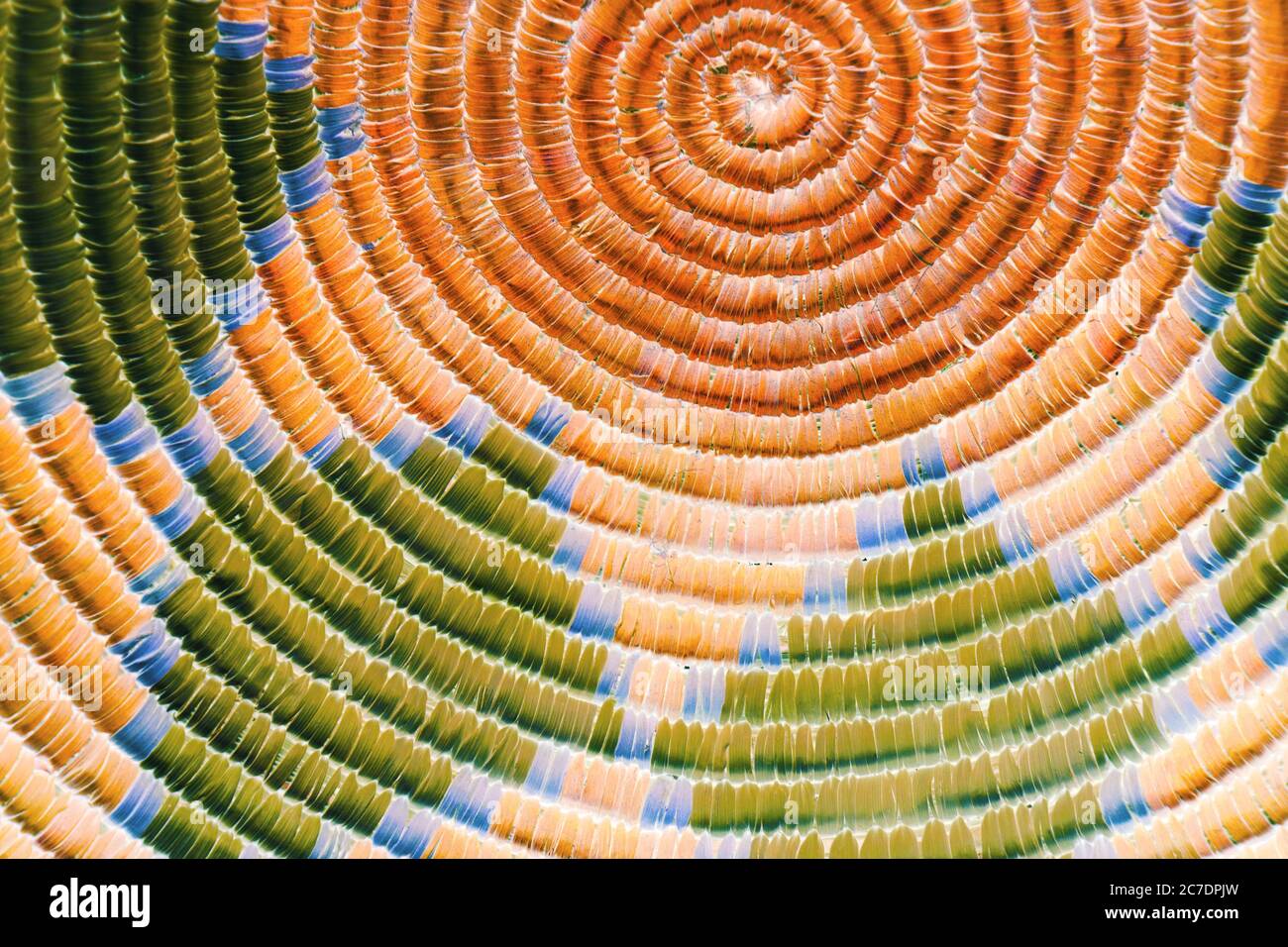 Close up photo of a circular orange and green Native American Indian basket.  The weave has a southwestern design and nice textures. Stock Photo