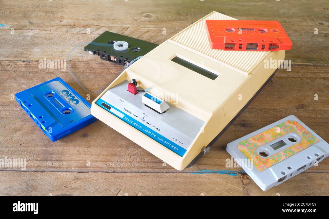 vintage cassette tape recorder, with tapes, free copy space Stock Photo