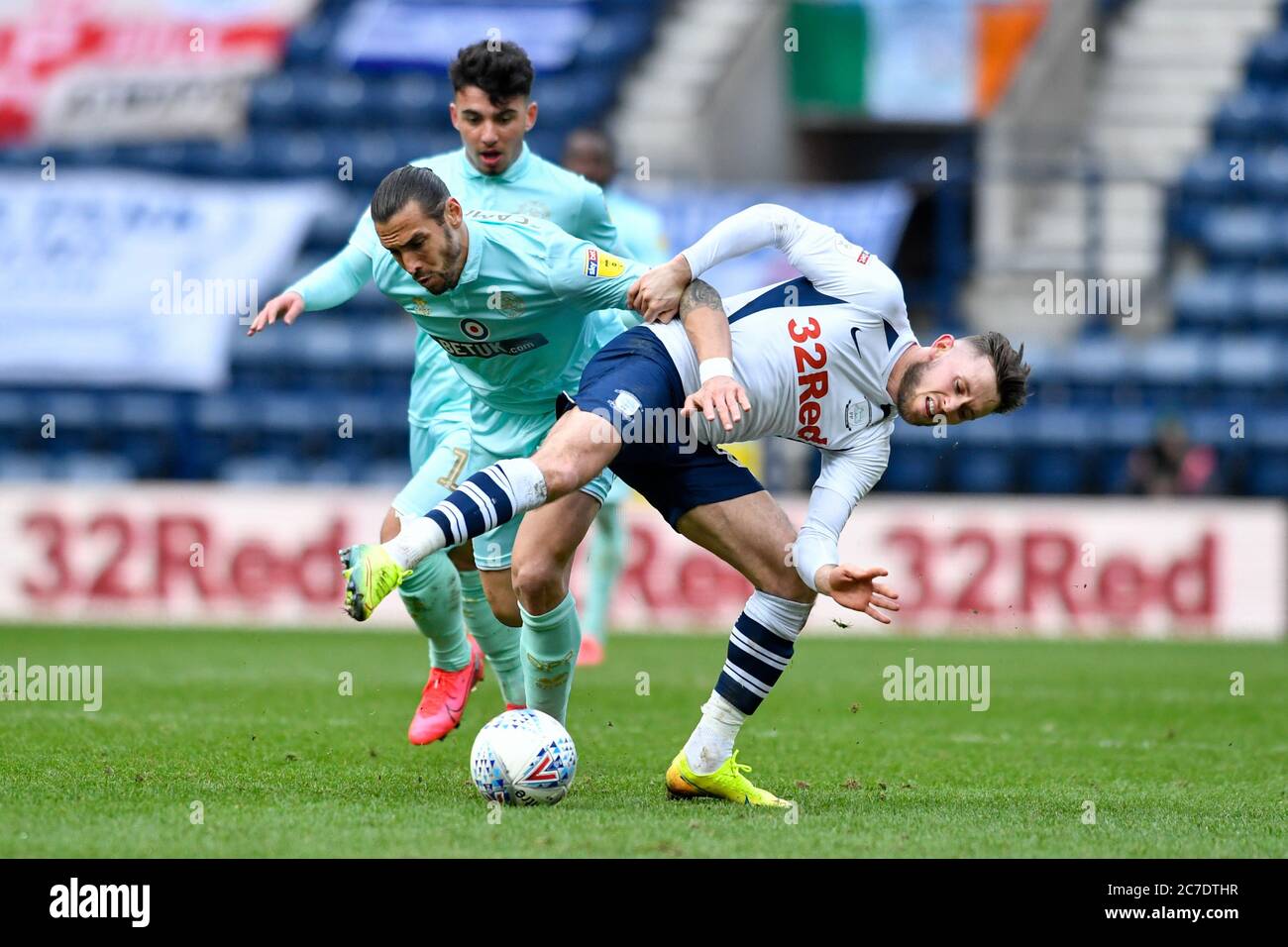 7th March 2020, Deepdale, Preston, England; Sky Bet Championship, Preston North End v Queens Park Rangers : Geoff Cameron (5) of Queens Park Rangers fouls Alan Browne (8) of Preston North End in his attempt to get the ball Stock Photo