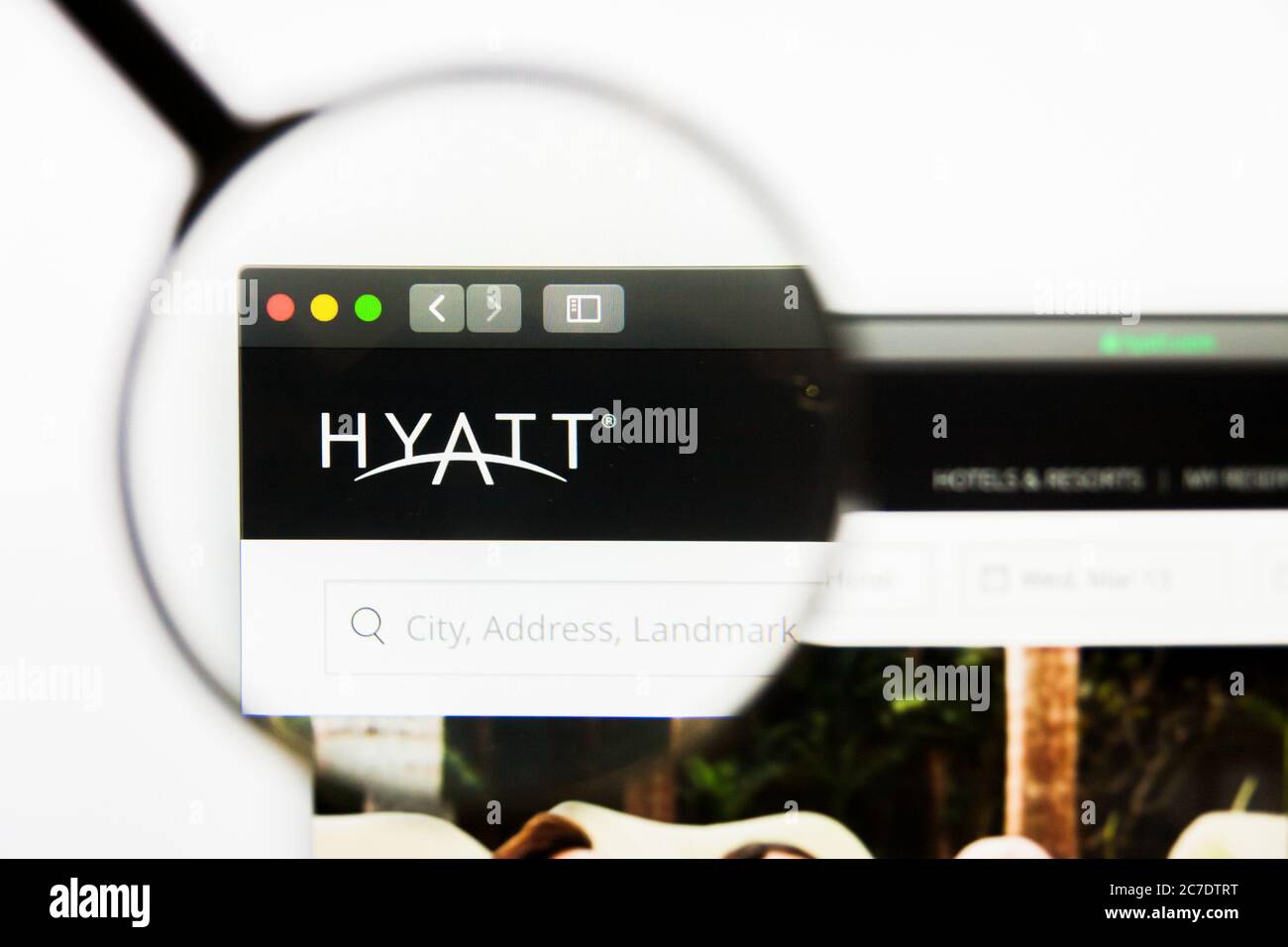 Los Angeles, California, USA - 13 March 2019: Illustrative Editorial, Hyatt Hotels website homepage. Hyatt Hotels logo visible on display screen Stock Photo