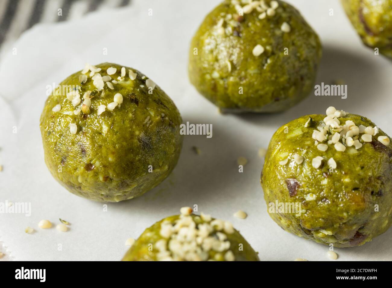 Homemade Healthy Matcha Bliss Energy Balls with Dates Hemp and Nuts Stock Photo