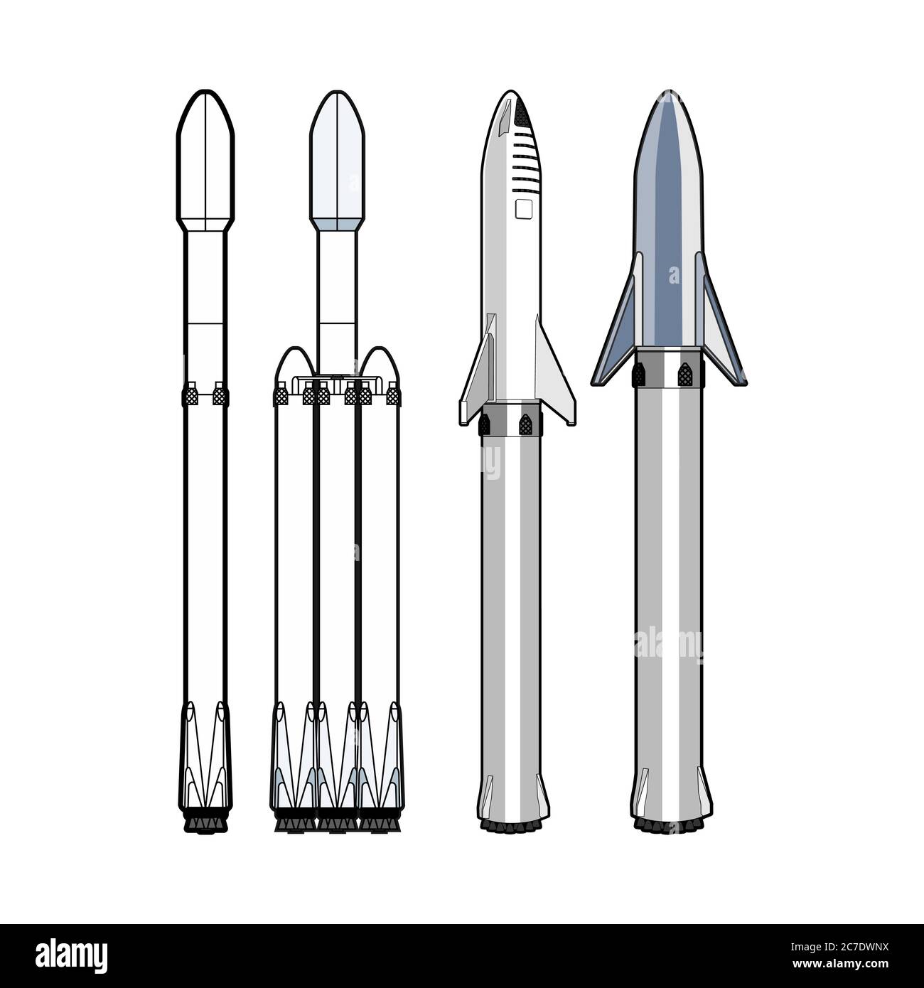 Isolated rockets set. Spaceships with booster, version 2019. Space art ...