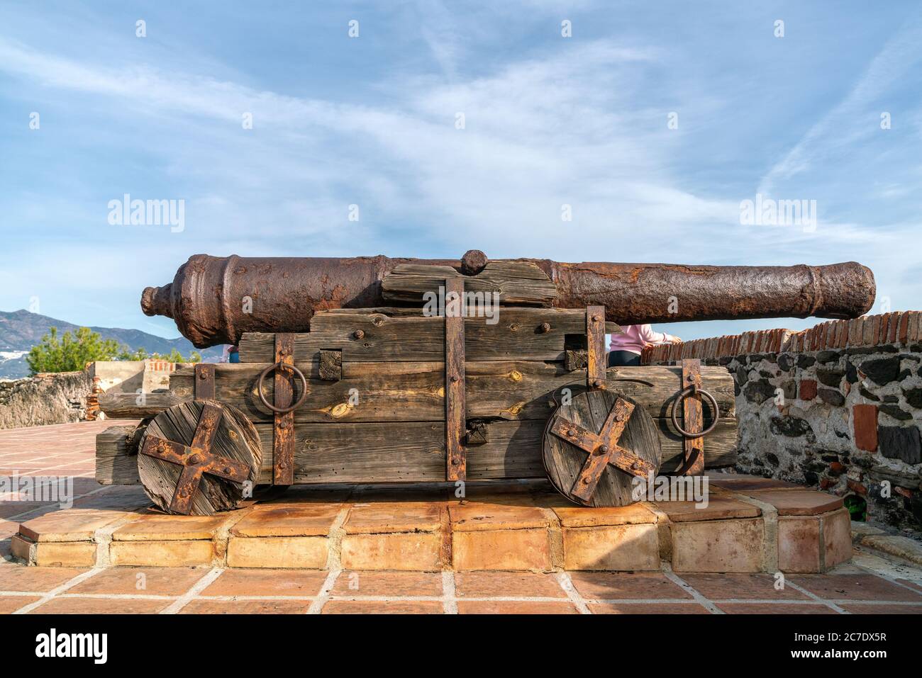 Old cannon on top of Castle of Sohail in Fuengirola, that protected the coast of Spain Stock Photo