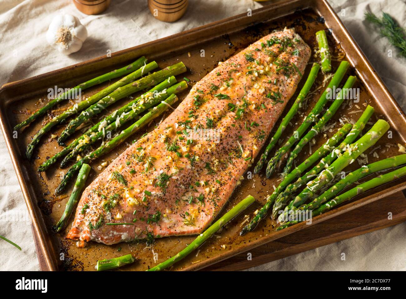 Homemade Roasted Salmon Filet and Asparagus with Garlic and Dill Stock Photo