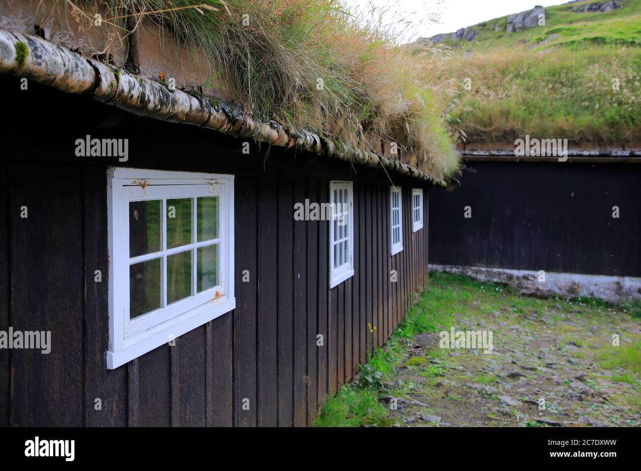 The turf roof farmhouse in historic Hoyvíksgarður Farm nowadays the