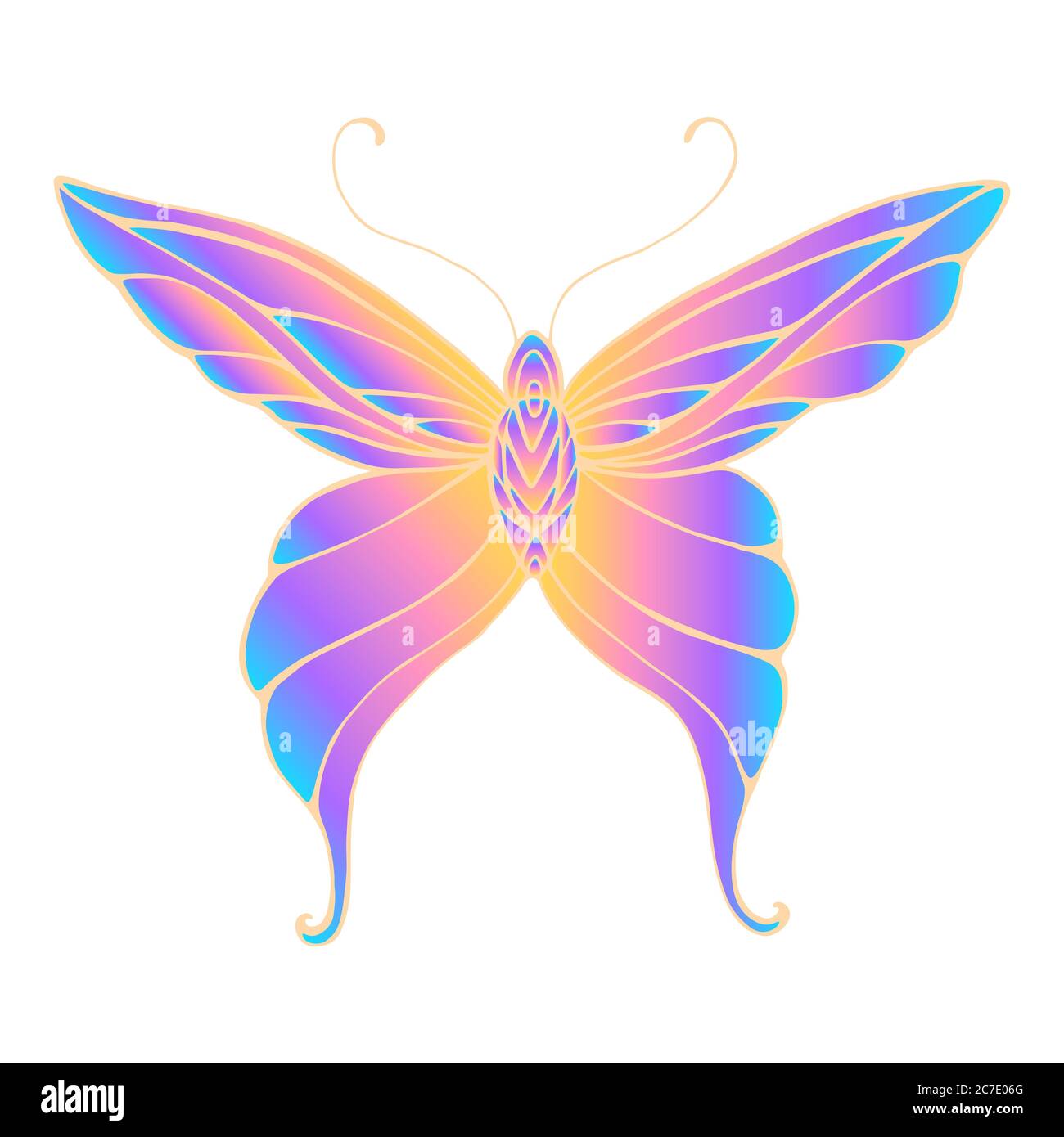 Butterfly with patterned wings, bright gradient orange purple blue color, isolated white background Stock Vector