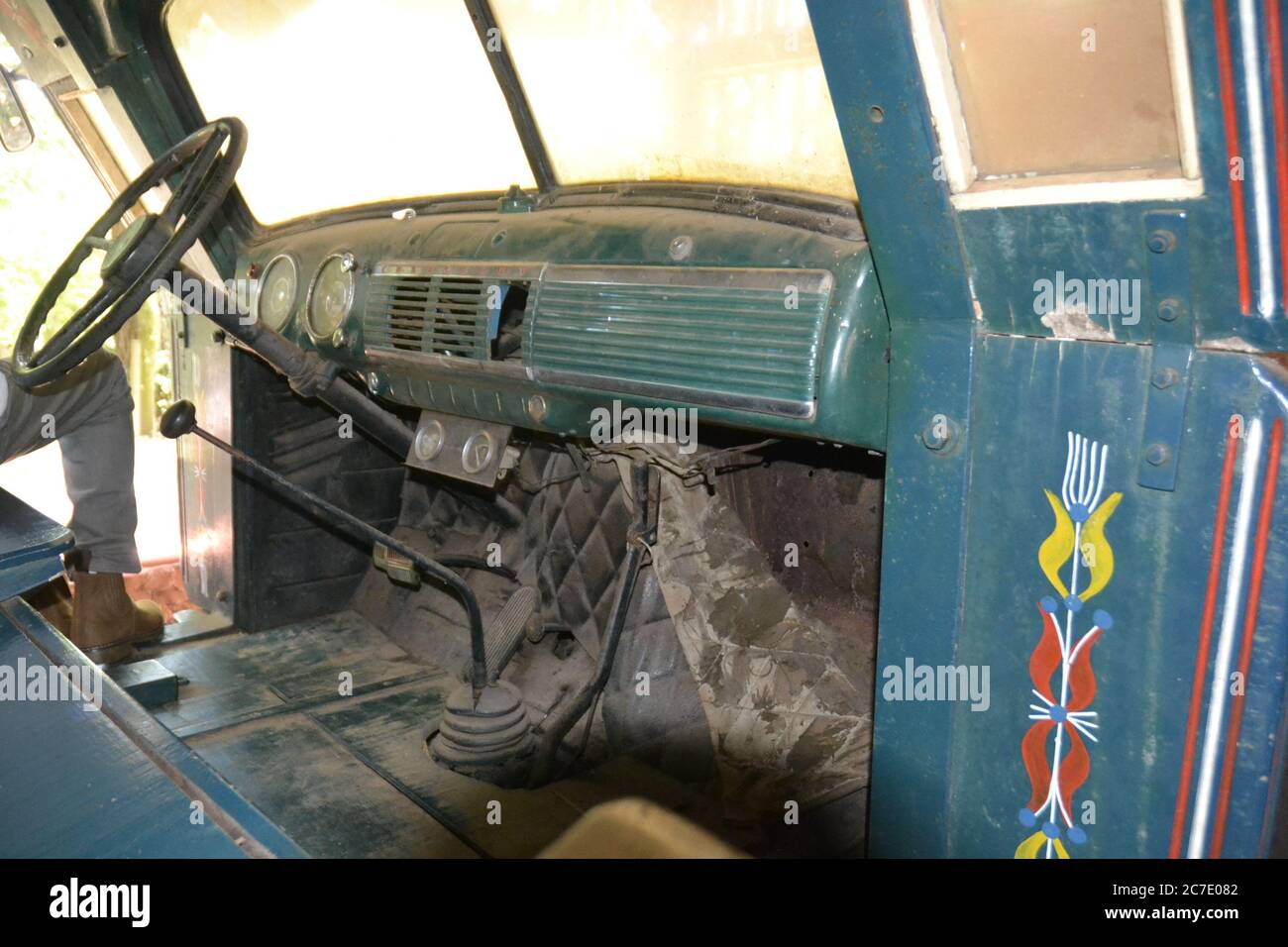 Interior of a vintage Chevrolet truck used in Brazil as an interstate bus, on display ecotourism farm ,  Brasil, South America Stock Photo