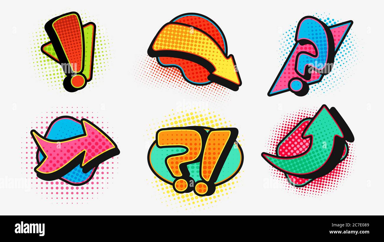 Pop art question with exclamation arrow set. Modern graphic design of pointers sudden shock in comic setting. Stock Vector