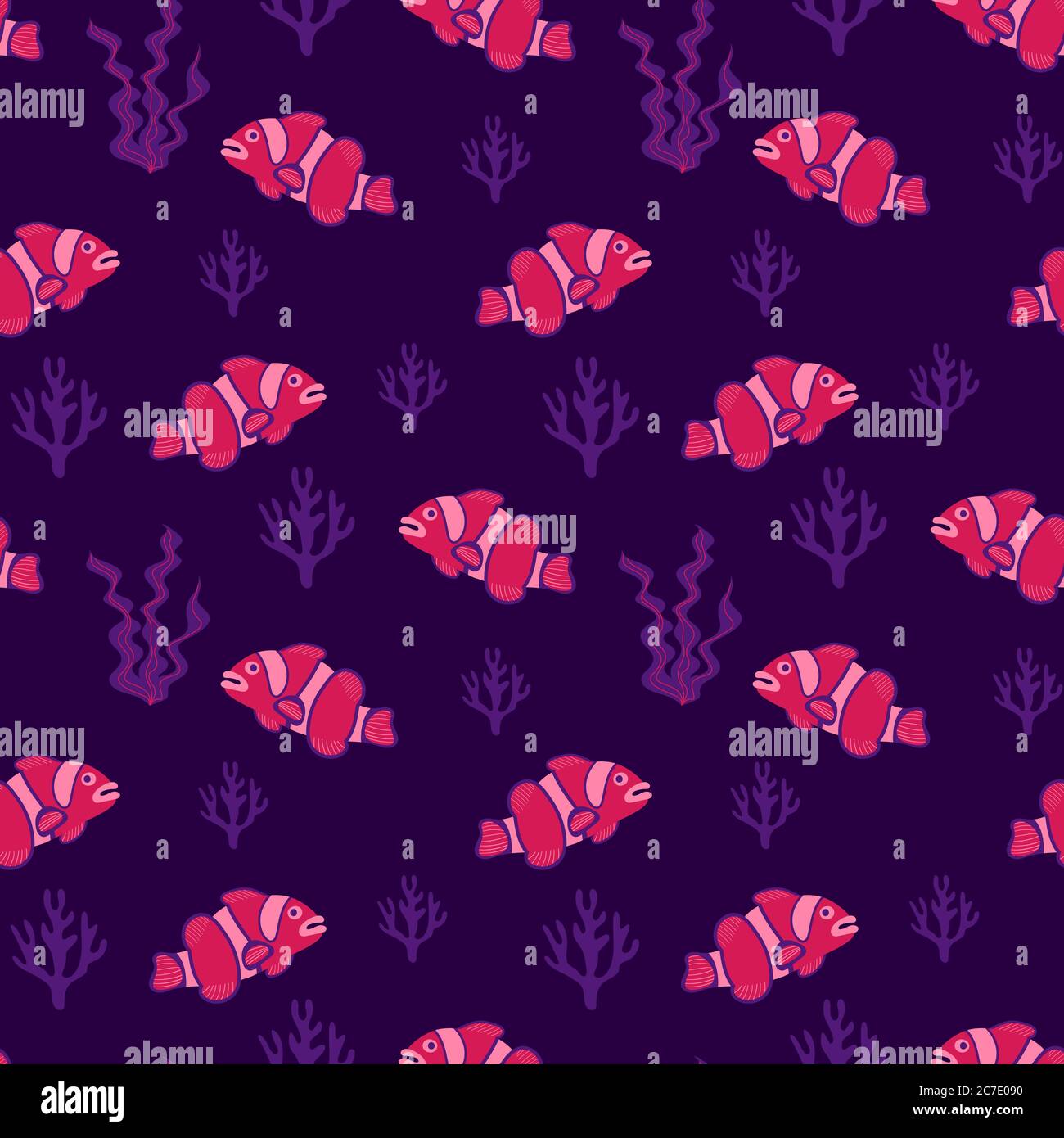 Underwater seamless pattern with clownfish and seaweed on purple ...