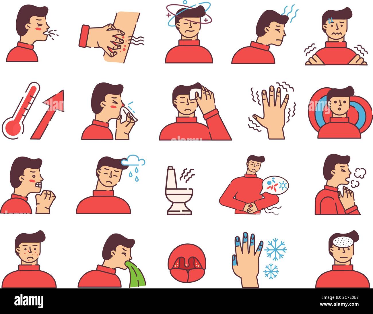 Symptoms of disease icons. Strong coughing character weather surges in