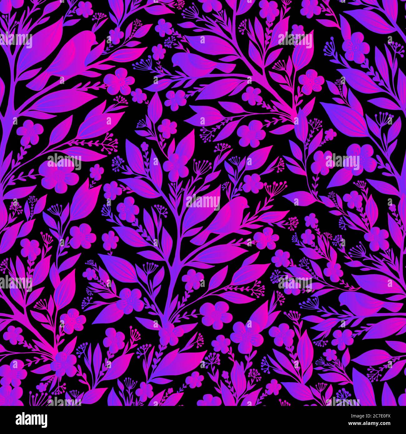 Silhouette birds and branches, leaves, flowers, bright neon purple pink gradient color seamless pattern Stock Vector