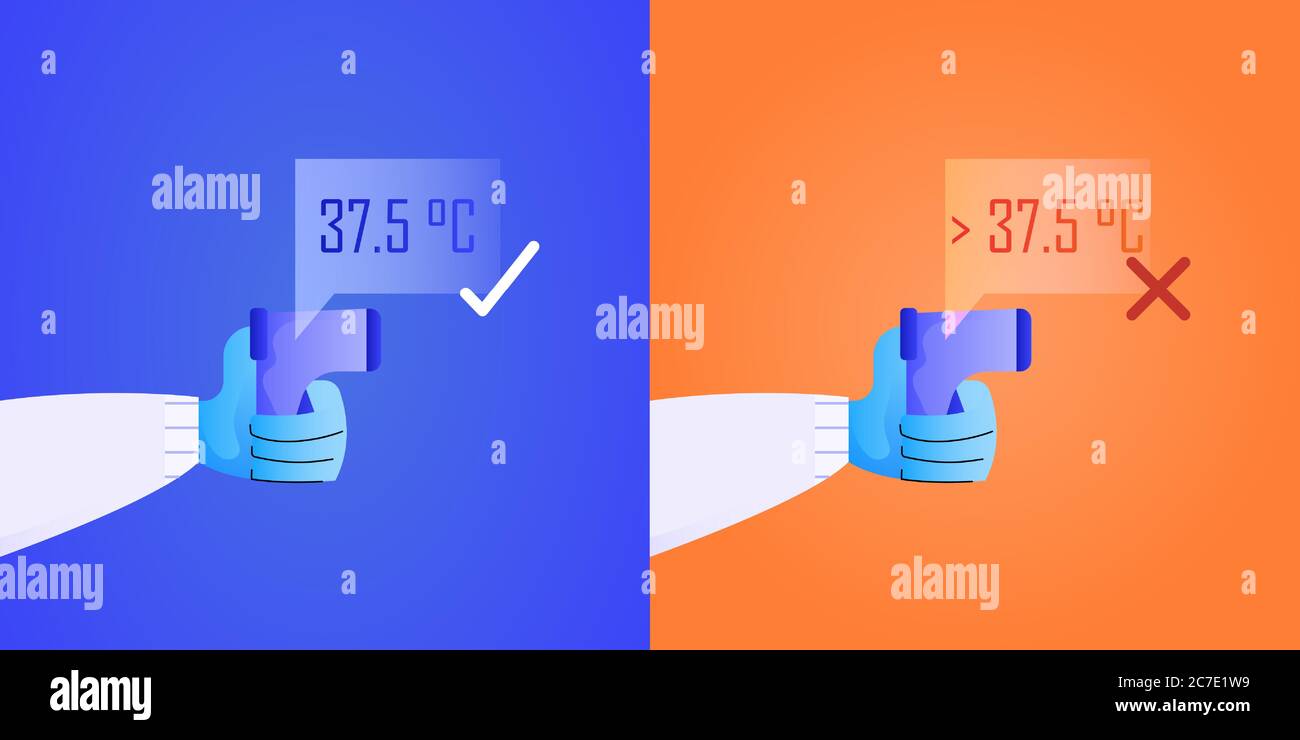 Normal and high body temperature measured by infrared thermometer Stock