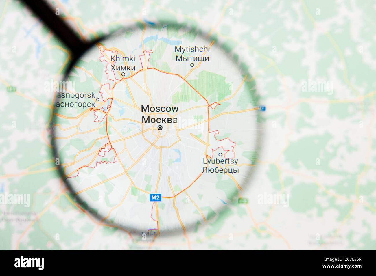 Moscow, Russia city visualization illustrative concept on display screen through magnifying glass Stock Photo