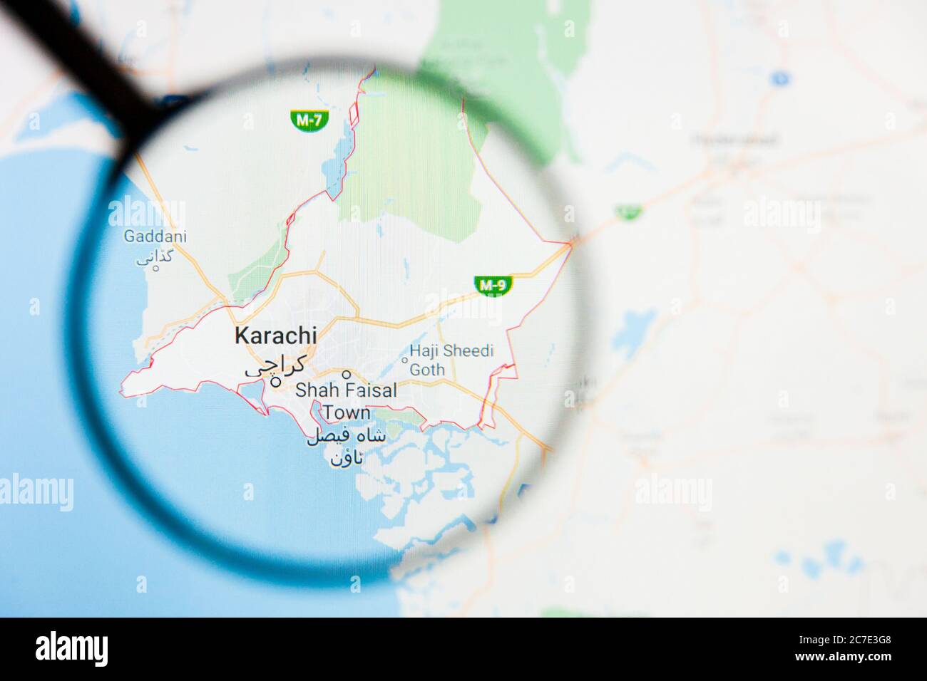 Karachi, Pakistan city visualization illustrative concept on display screen through magnifying glass Stock Photo
