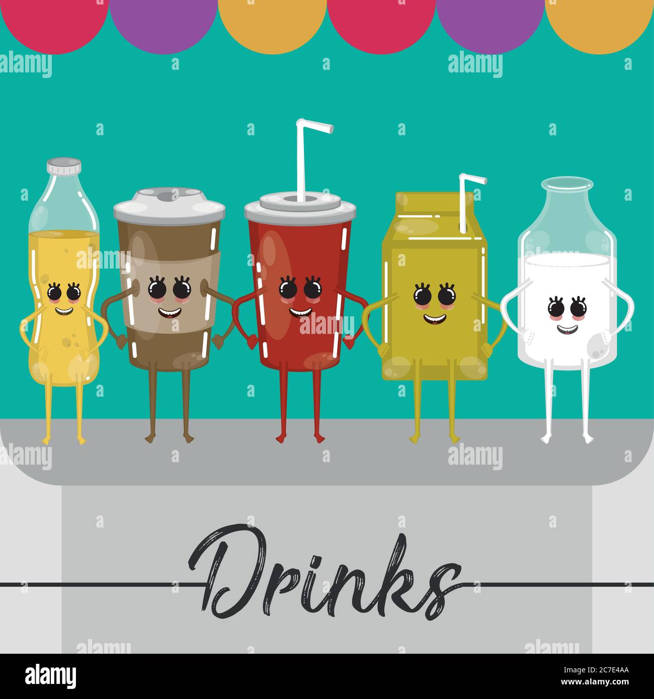 Drinks cartoons illustration. Cartoon of coffe cup, juice bottle, soda
