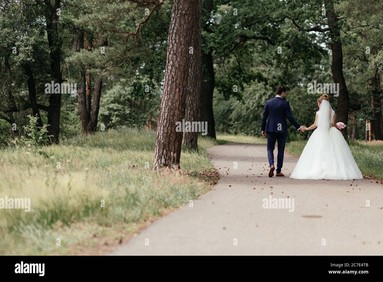 Bride and groom going in the park holding each other hands photographed ...