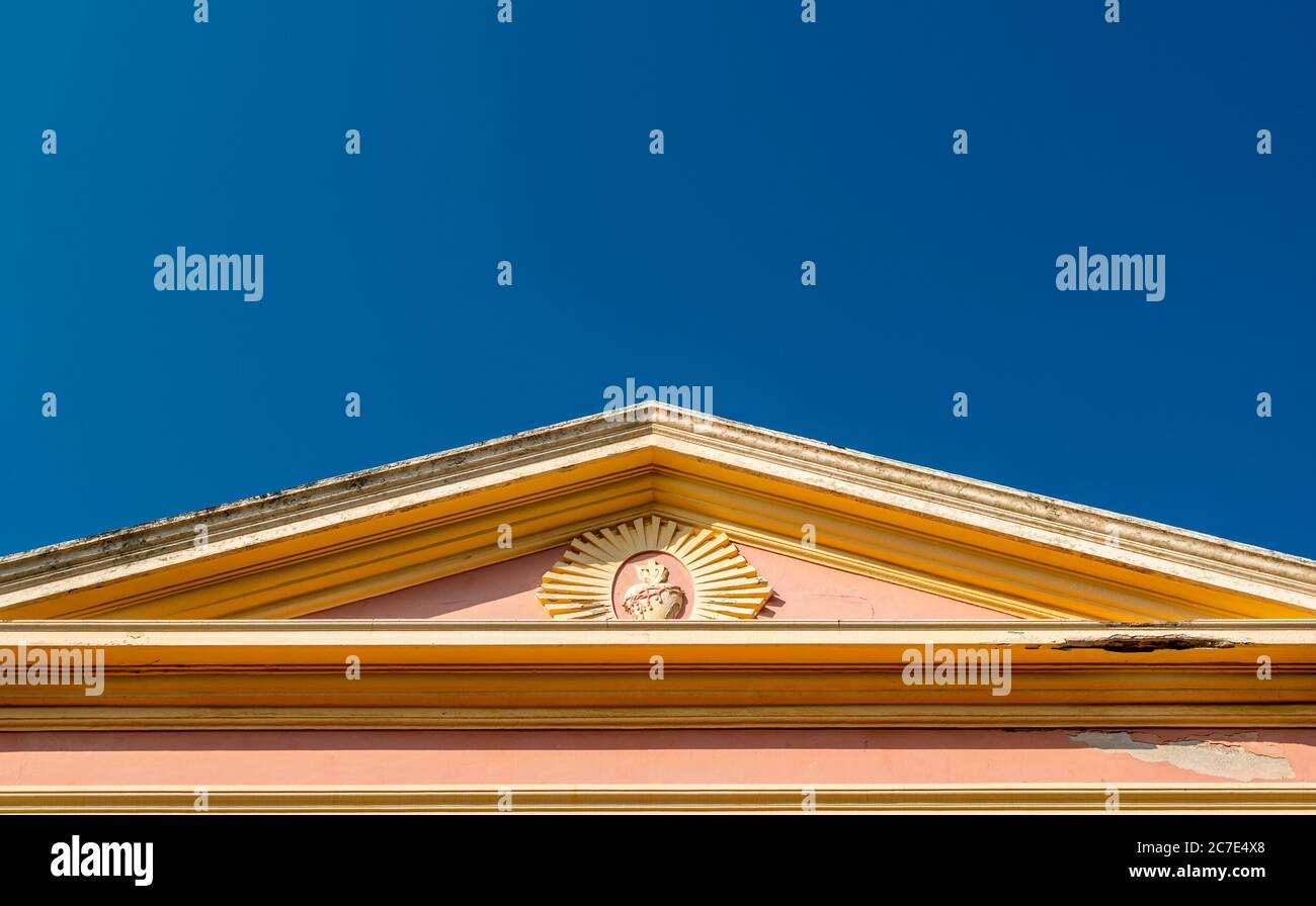 The triangular gabled roof of Our Lady of Angels Church in the city of Pondicherry in South India. Stock Photo