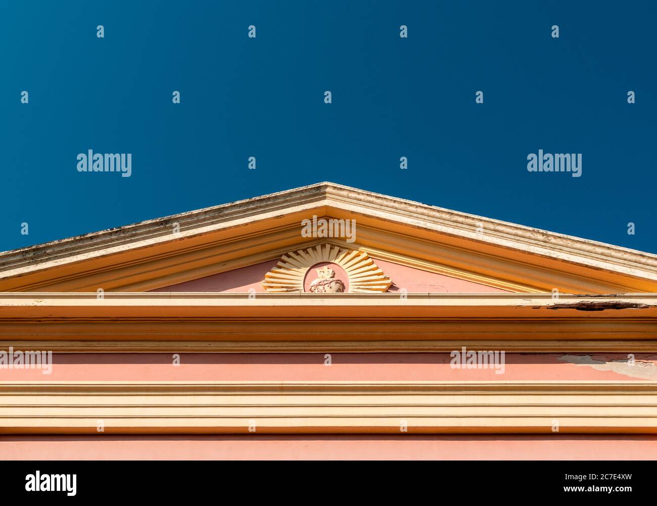 The triangular gabled roof of Our Lady of Angels Church in the city of Pondicherry in South India. Stock Photo