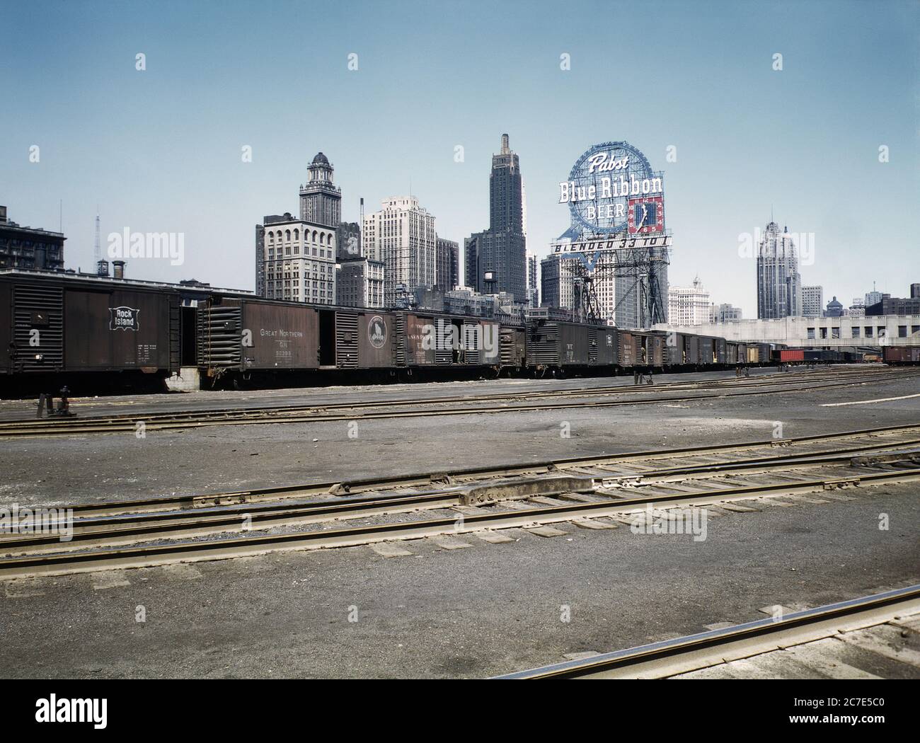 General view of part of South Water Street Illinois Central Railroad Freight Terminal, Chicago, Illinois, USA, Jack Delano, U.S. Office of War Information, April 1943 Stock Photo