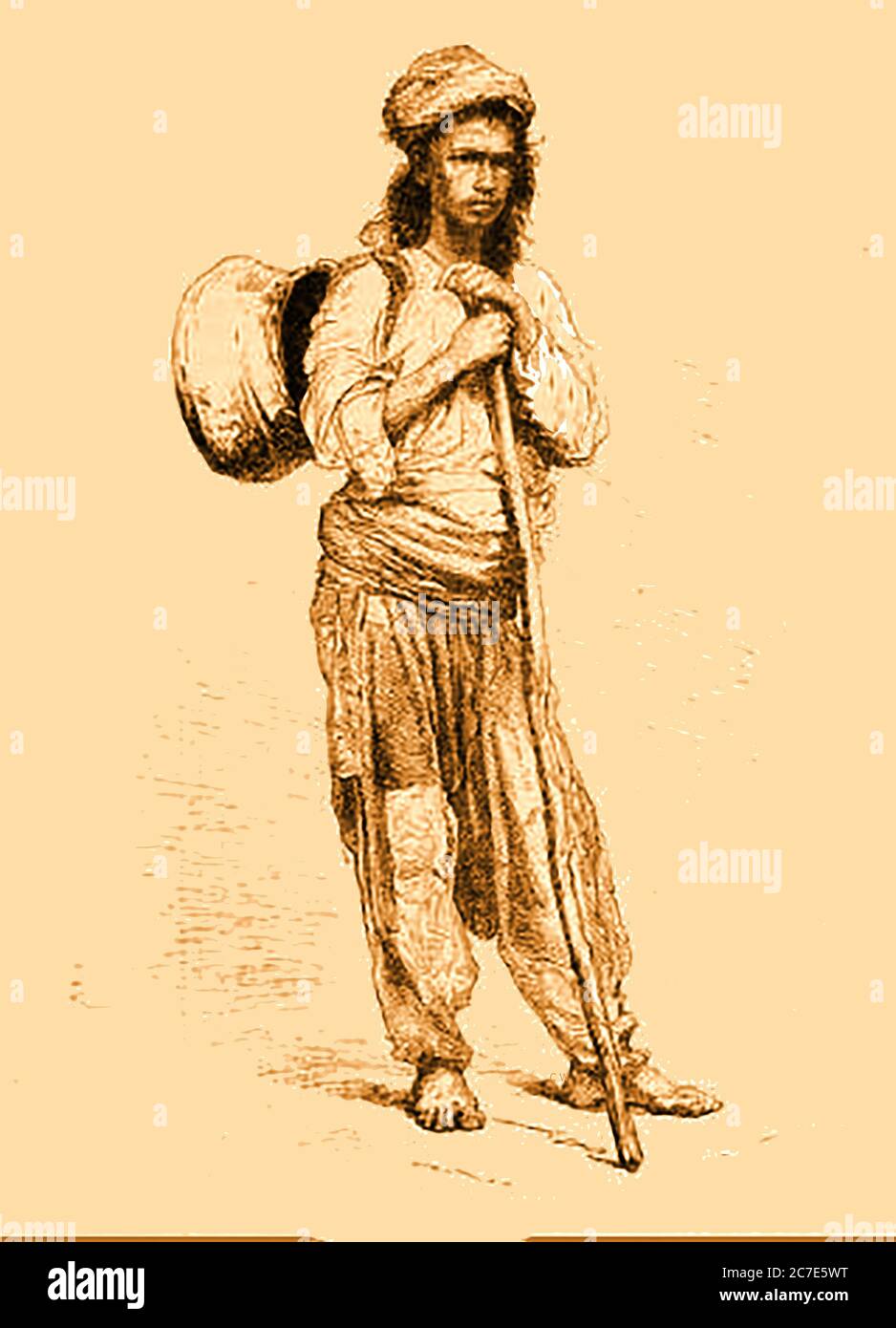 An 1880 drawing of a Bulgarian Gypsy.  Bulgarian Gypsies are a distinct ethnic group linked historically  to other European Gypsy groups and have played significant economic and cultural roles in Bulgarian society  for over 600 years. Those in Bulgaria constitute Europe's densest Romani minority.They speak Bulgarian, Turkish or Romani, depending on the region and their religious affiliations which also vary. They are believed to have racial origins in Northern India Stock Photo