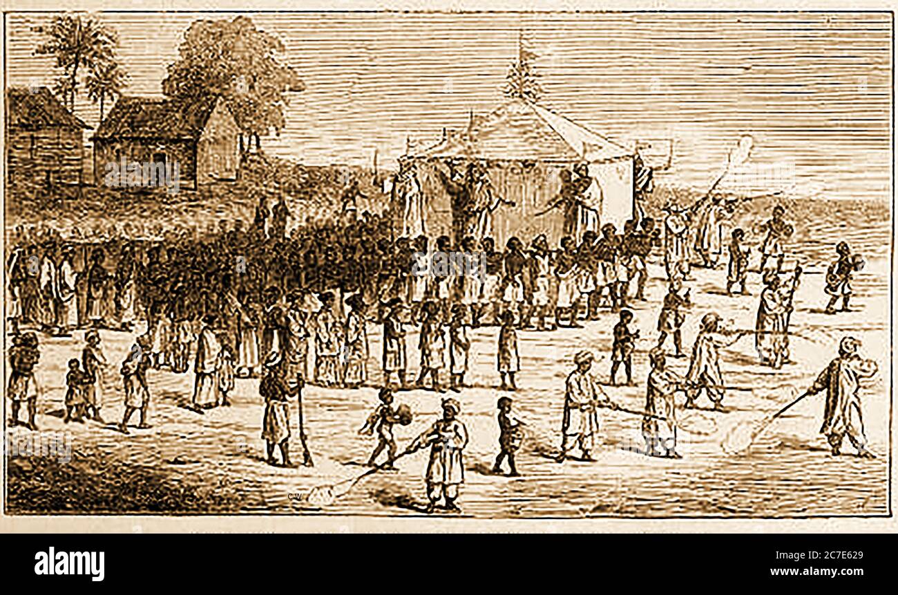 An 1880 missionary commissioned  engraving showing a 'heathen funeral' of the Hatta clan  taking place at Siporon (probably the modern town of Siporok), alternatively this may be on the island of  Hatta (Pulau Hatta, Bandu Islands),  Sumatra.   Sumatra is one of the Sunda Islands of western Indonesia. It is the largest island that is entirely Indonesian territory Stock Photo